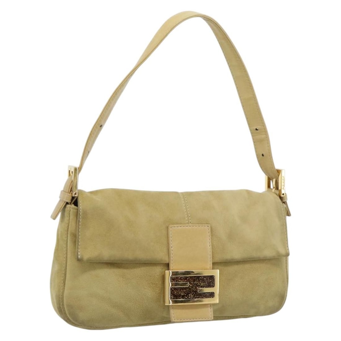 FENDI Mamma Baguette suede shoulder bag in beige gold: FENDI Mamma Baguette suede shoulder bag in beige gold Fendi Mamma Baguette shoulder bag in beige suede with gold-tone accents. This women's shoulder bag is made in Italy and includes only the bag show