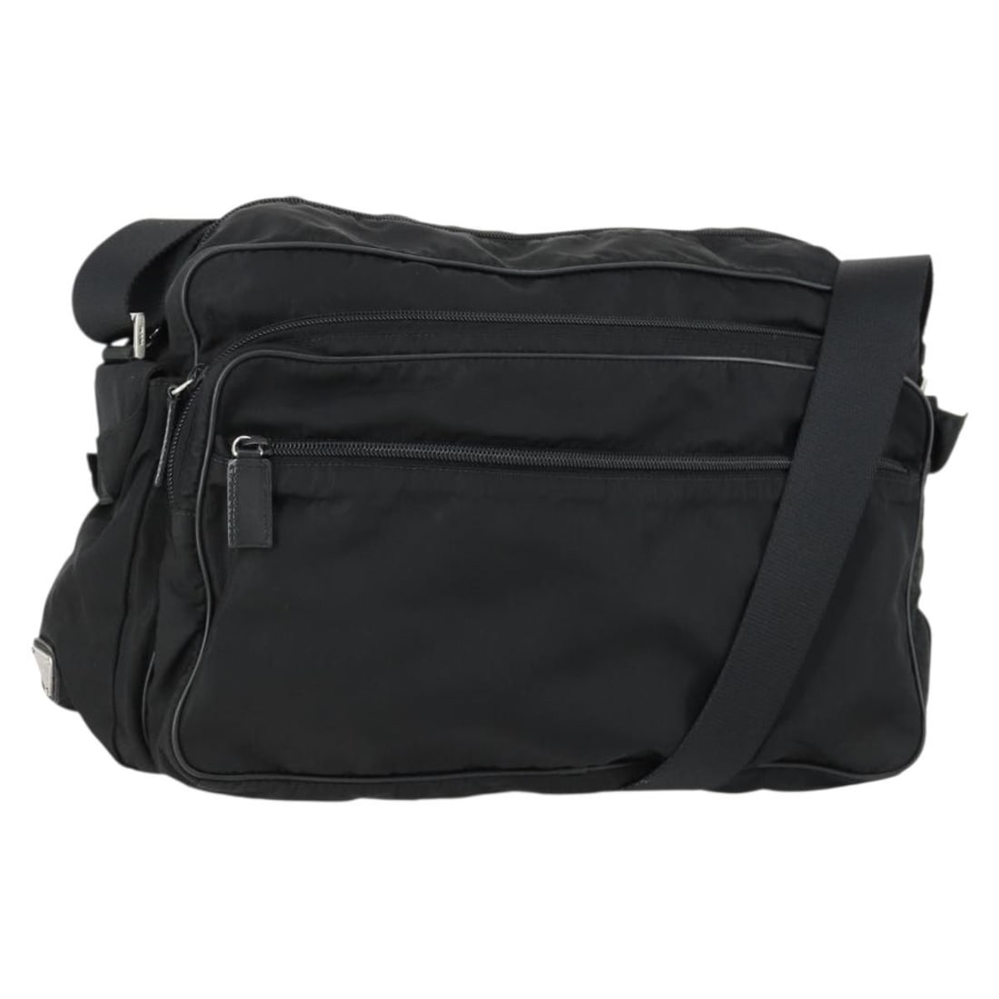 Prada Black Nylon Shoulder Purse with Silver Accents Made in Italy: Prada Black Nylon Shoulder Purse with Silver Accents Made in Italy This PRADA shoulder bag features a black nylon exterior with silver-tone accents. Designed and crafted in Italy, it offers a spacious