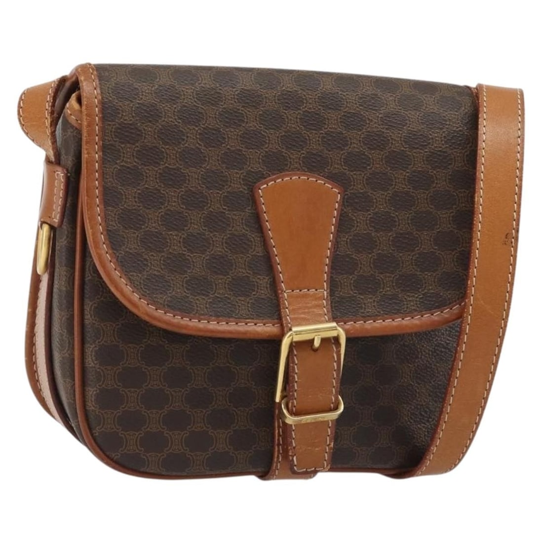 CELINE Macadam Canvas PVC Leather Shoulder Bag Brown Gold: CELINE Macadam Canvas PVC Leather Shoulder Bag Brown Gold Celine shoulder bag in brown Macadam canvas with PVC leather trim and gold-tone accents. Made in Italy, this women's bag features an adjustabl
