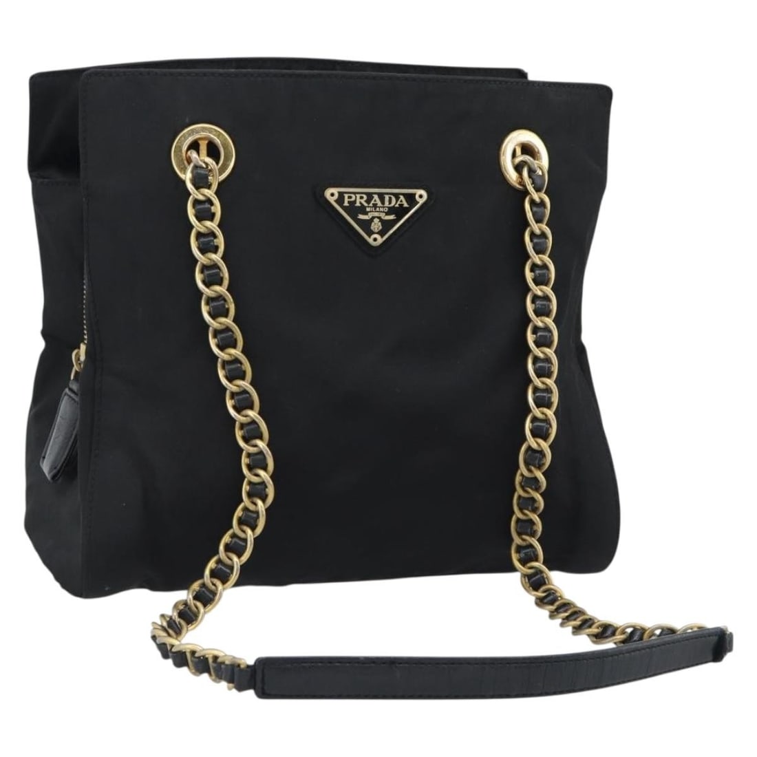 PRADA nylon shoulder bag in black with gold tone chain: PRADA nylon shoulder bag in black with gold tone chain Prada chain shoulder bag in black nylon with gold-tone accents. Made in Italy, this women's shoulder bag includes the guarantee card. Condition i