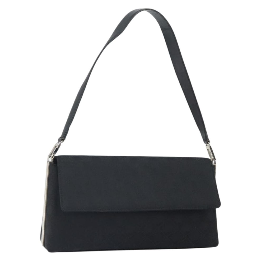 Black Nylon Ferragamo Shoulder Bag with Silver Accents Italy: Black Nylon Ferragamo Shoulder Bag with Silver Accents Italy This Salvatore Ferragamo shoulder bag features a black nylon exterior with silver-tone accents. The bag is made in Italy and offers a pract