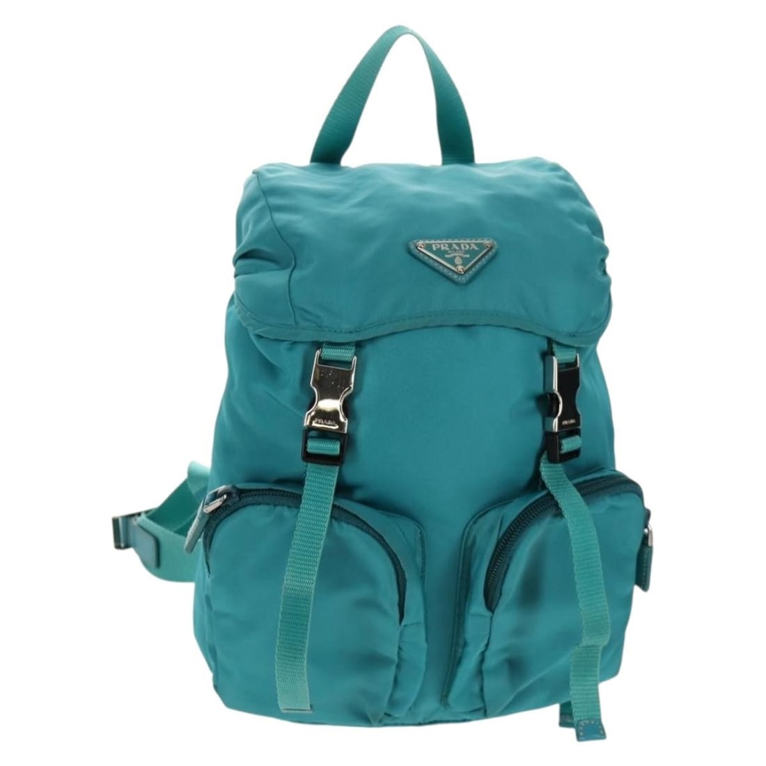 PRADA Turquoise Blue Silver Nylon Backpack Auth 157362V: PRADA Turquoise Blue Silver Nylon Backpack Auth 157362V This stylish PRADA backpack is crafted from durable nylon in a vibrant turquoise blue and silver colorway. Designed for everyday use, it feature