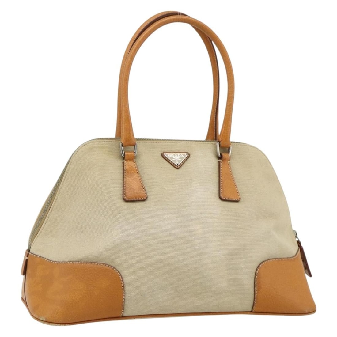 Prada Beige Silver Canvas Hand Bag with Padlock Keys Clochette: Prada Beige Silver Canvas Hand Bag with Padlock Keys Clochette Prada women's beige and silver canvas handbag made in Italy. This heavily used bag includes a padlock, two keys, and a clochette. Conditi