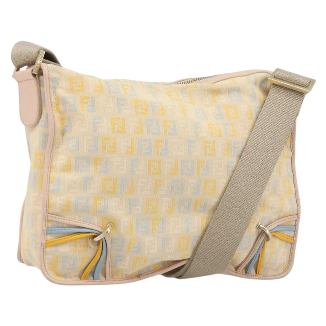 Fendi Beige Gold Zucchino Canvas Shoulder Bag Made in Italy: Fendi Beige Gold Zucchino Canvas Shoulder Bag Made in Italy Authentic FENDI shoulder bag in beige and gold Zucchino canvas. This women's bag features a classic shoulder bag silhouette with an adjustab