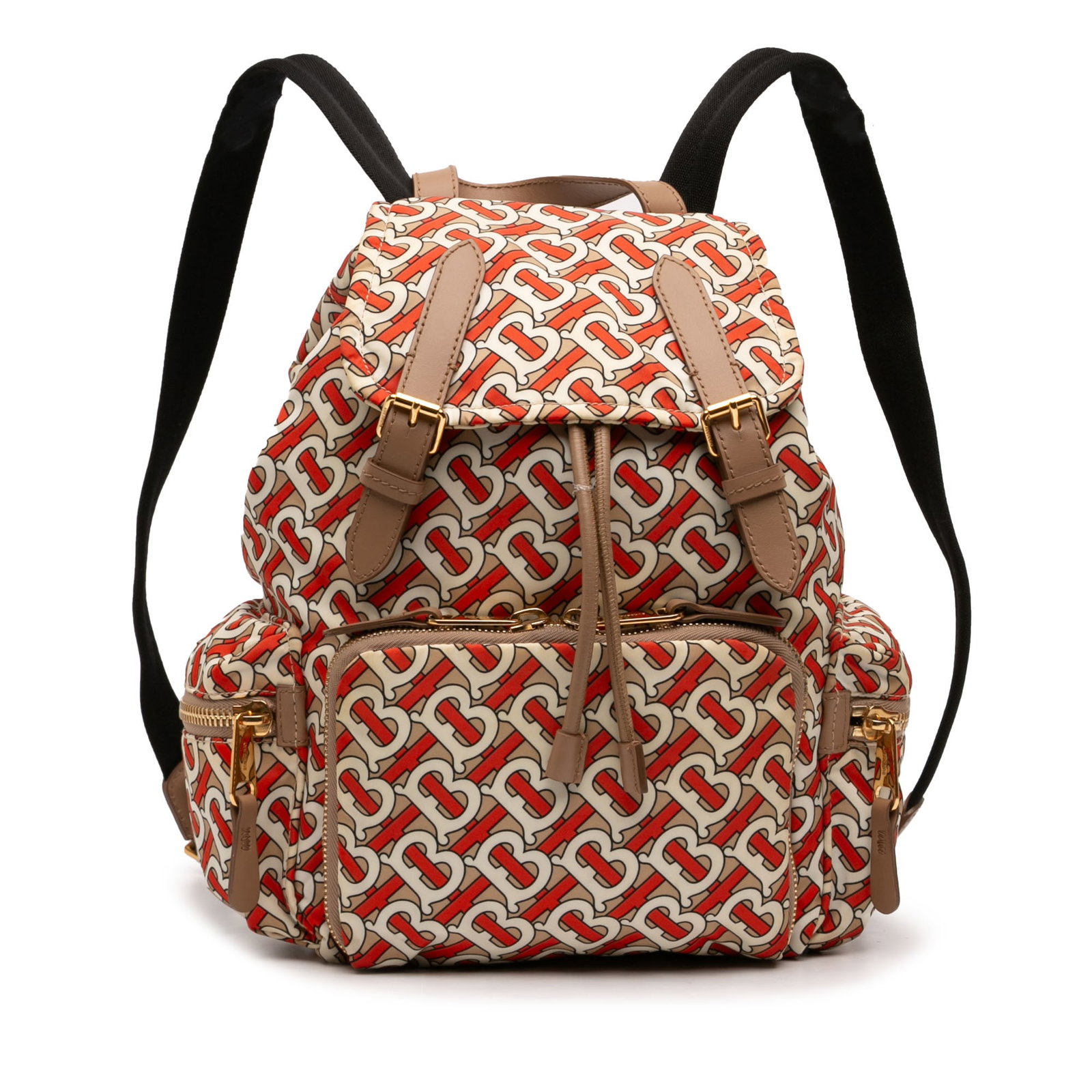 Burberry TB Monogram Medium Nylon Backpack Brown: Burberry TB Monogram Medium Nylon Backpack Brown Burberry Medium TB Monogram Nylon Backpack in brown, made with a nylon body and fabric material. It features a flat leather top handle, adjustable flat