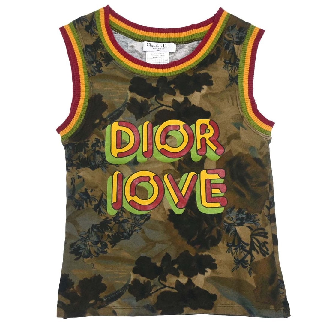 Dior Love Logo Tank Top Women FR 40 Khaki Cotton: Dior Love Logo Tank Top Women FR 40 Khaki Cotton Christian Dior women's tank top in khaki with Rasta-color accents, designed in a regular fit with a round neckline and sleeveless cut. Made from 100% c