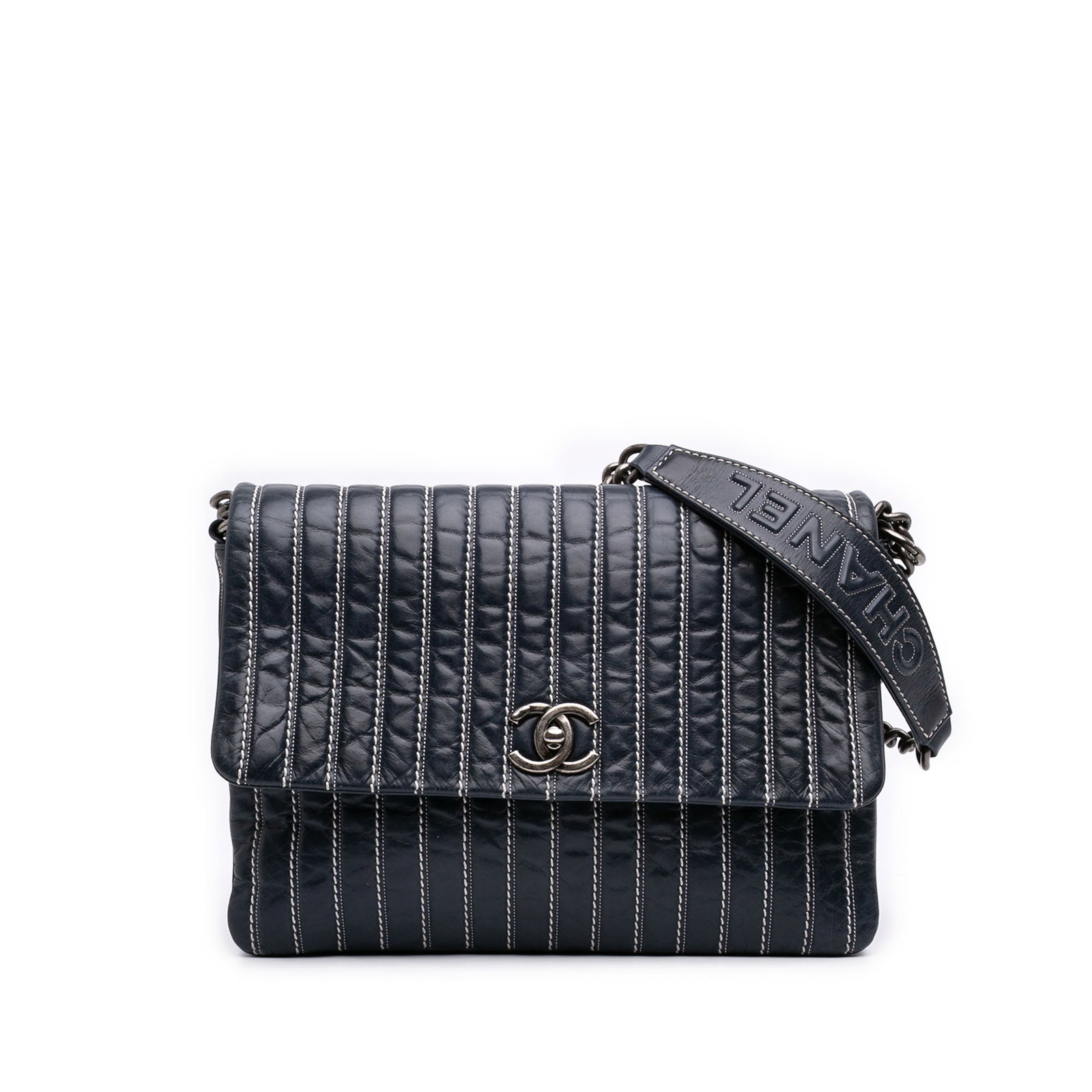 Chanel Large Vertical Single Flap Crossbody Quilted Blue Lambskin: Chanel Large Vertical Single Flap Crossbody Quilted Blue Lambskin Large vertical quilted lambskin single flap crossbody bag with a chain link strap and front CC turn lock closure. The interior include