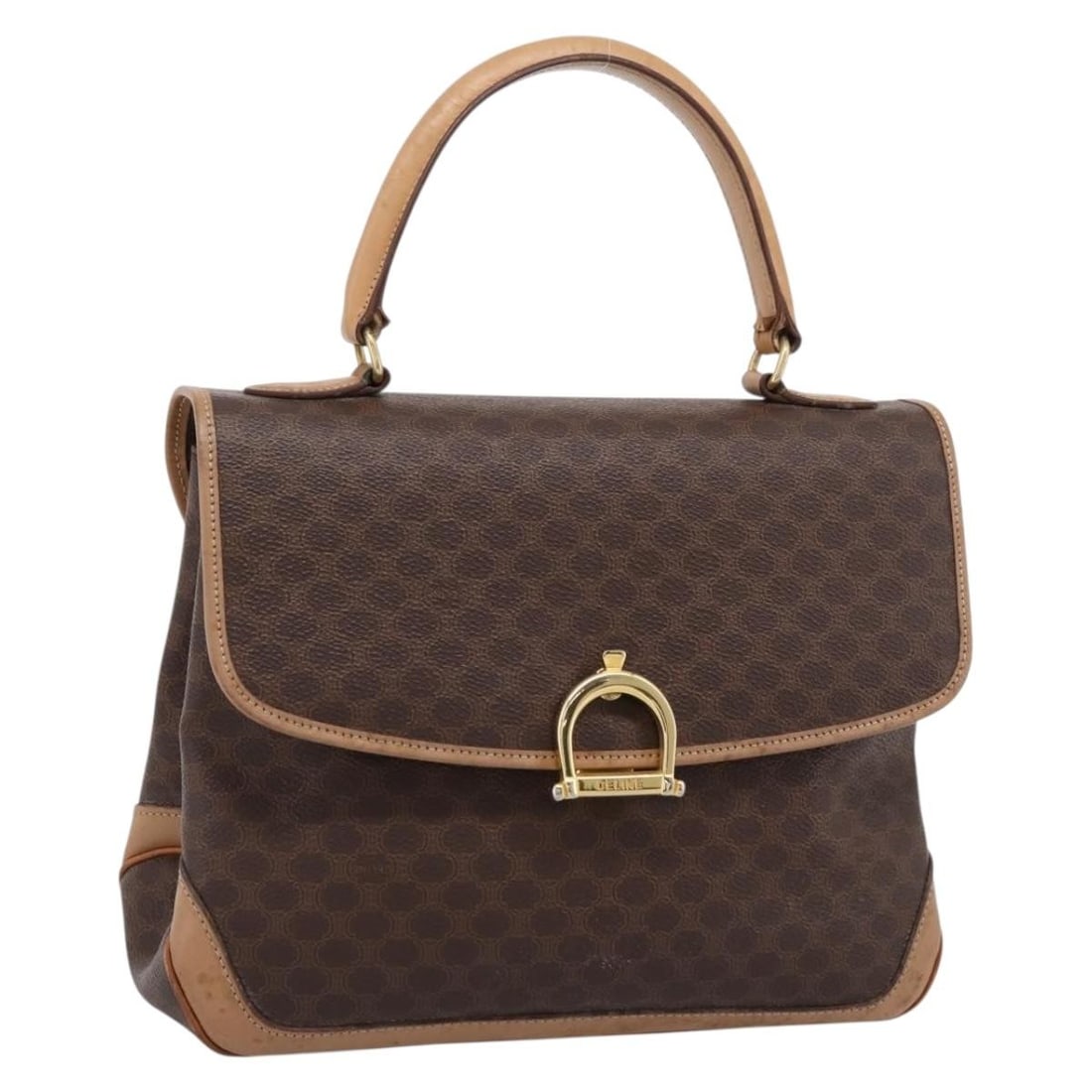 CELINE Macadam Brown PVC Leather Handbag Gold Tone Italy: CELINE Macadam Brown PVC Leather Handbag Gold Tone Italy Celine Macadam hand bag in brown PVC leather and Macadam canvas with gold-tone accents. Made in Italy, this women's handbag is offered without 