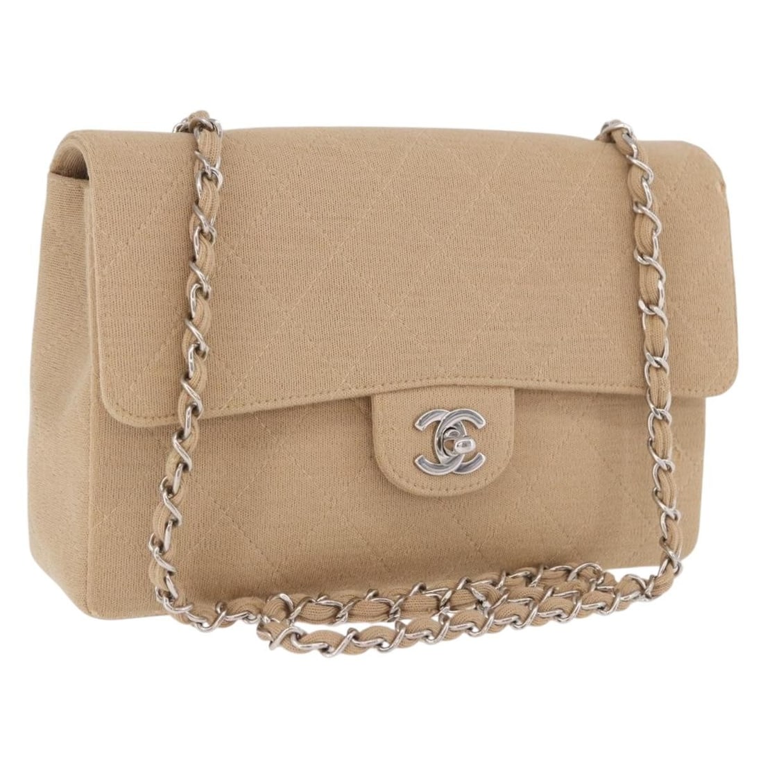 CHANEL Matelasse 25 Cotton Shoulder Bag Beige Silver CC: CHANEL Matelasse 25 Cotton Shoulder Bag Beige Silver CC CHANEL Matelasse 25 chain shoulder bag in beige cotton with silver-tone CC detailing. Made in France, this women's shoulder bag includes the gua