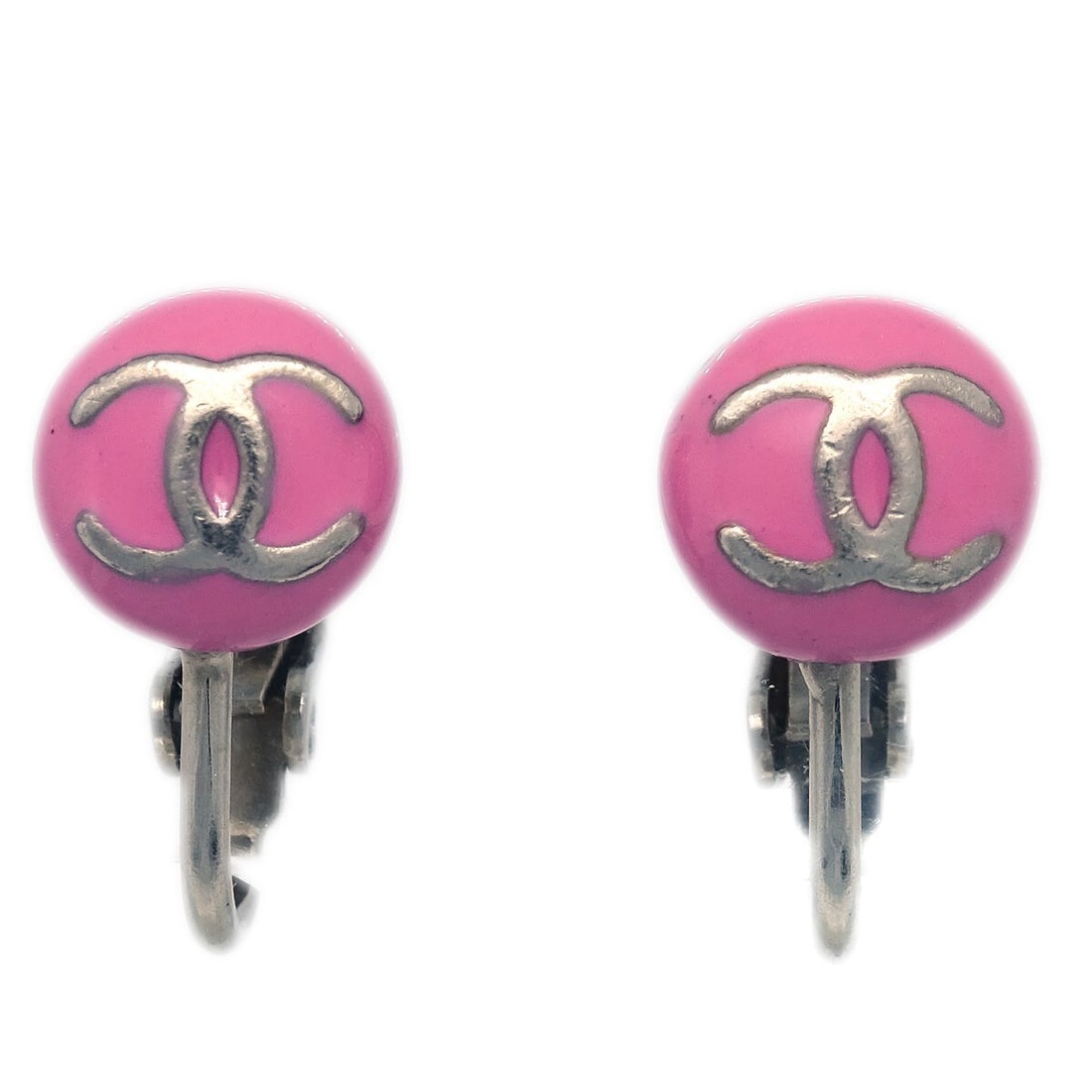 Chanel Pink Button Clip-On Earrings Logo Plastic: Chanel Pink Button Clip-On Earrings Logo Plastic Chanel button earrings with a clip-on closure, featuring a pink logo design. The earrings are made of plastic and silver plated gold-tone metal, and ar