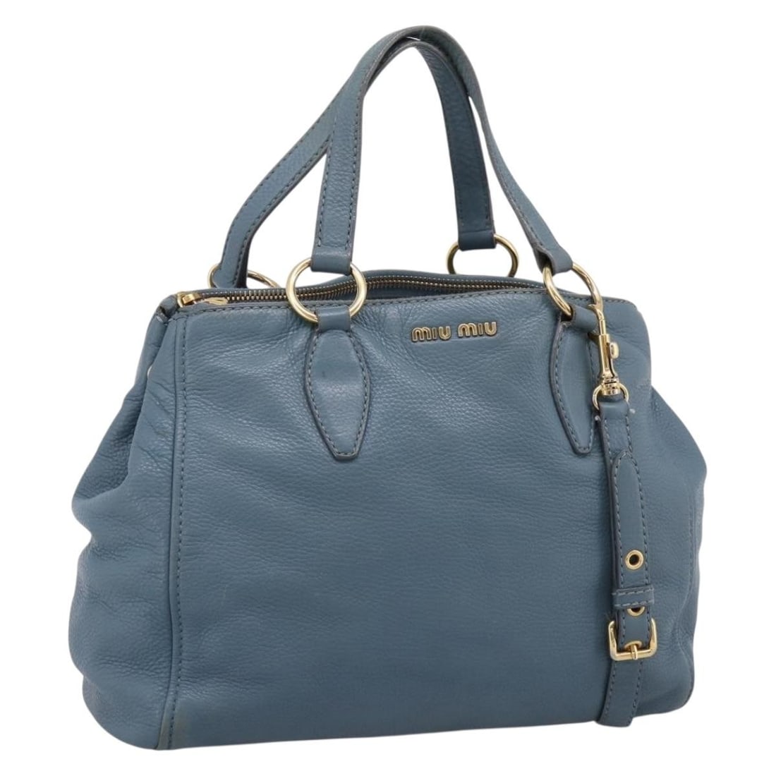 Miu Miu Blue Leather 2way Tote Bag with Shoulder Strap: Miu Miu Blue Leather 2way Tote Bag with Shoulder Strap Authentic Miu Miu 2-way tote bag in blue leather with gold-tone accents. This women's bag includes a shoulder strap and can be carried by the han