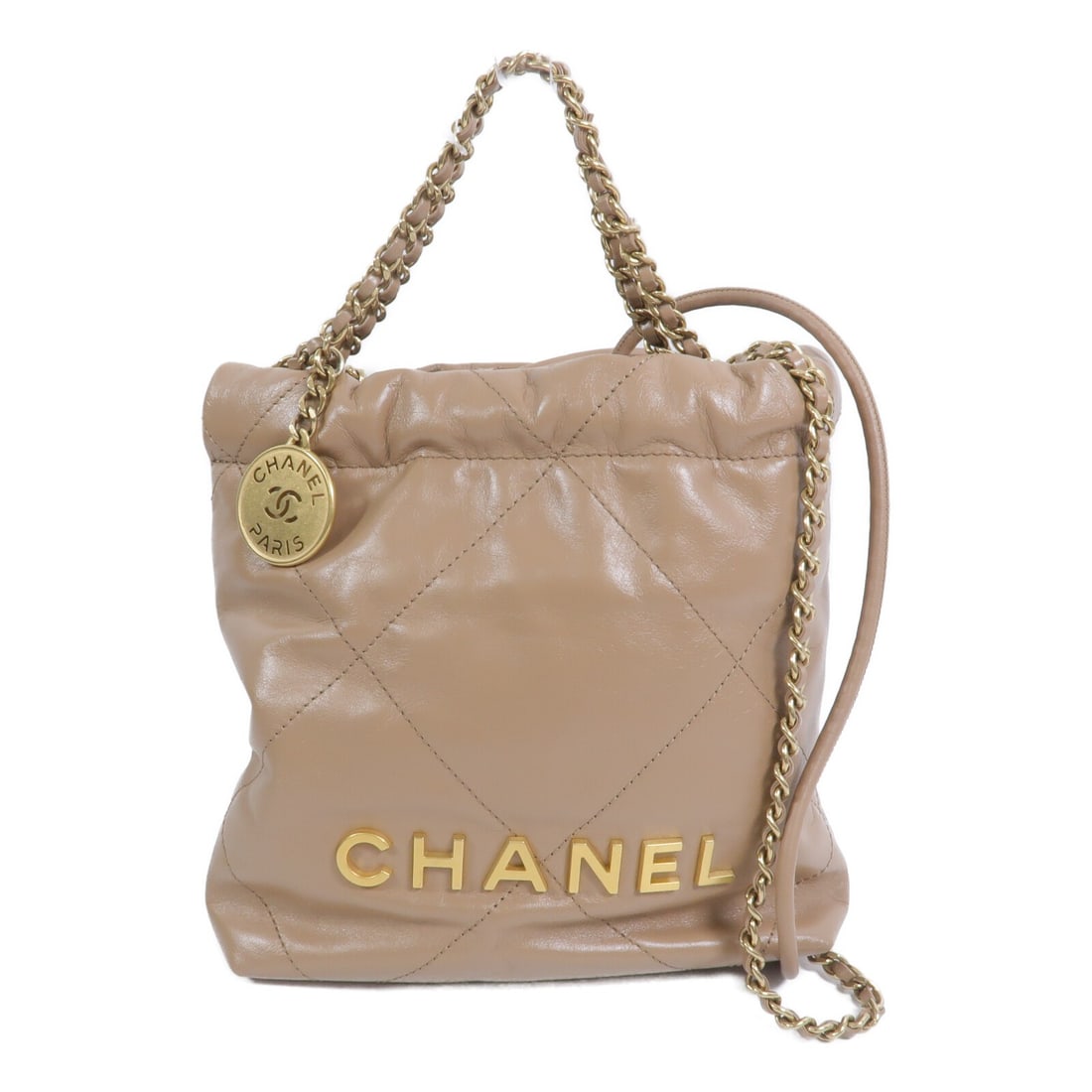 CHANEL Chanel 22 Mini 2way Shoulder Bag Beige Calfskin GHW: CHANEL Chanel 22 Mini 2way Shoulder Bag Beige Calfskin GHW A CHANEL Chanel 22 Mini Chain Shoulder Bag in beige calfskin leather, designed as a 2-way shoulder bag for women. It features a chain handle 