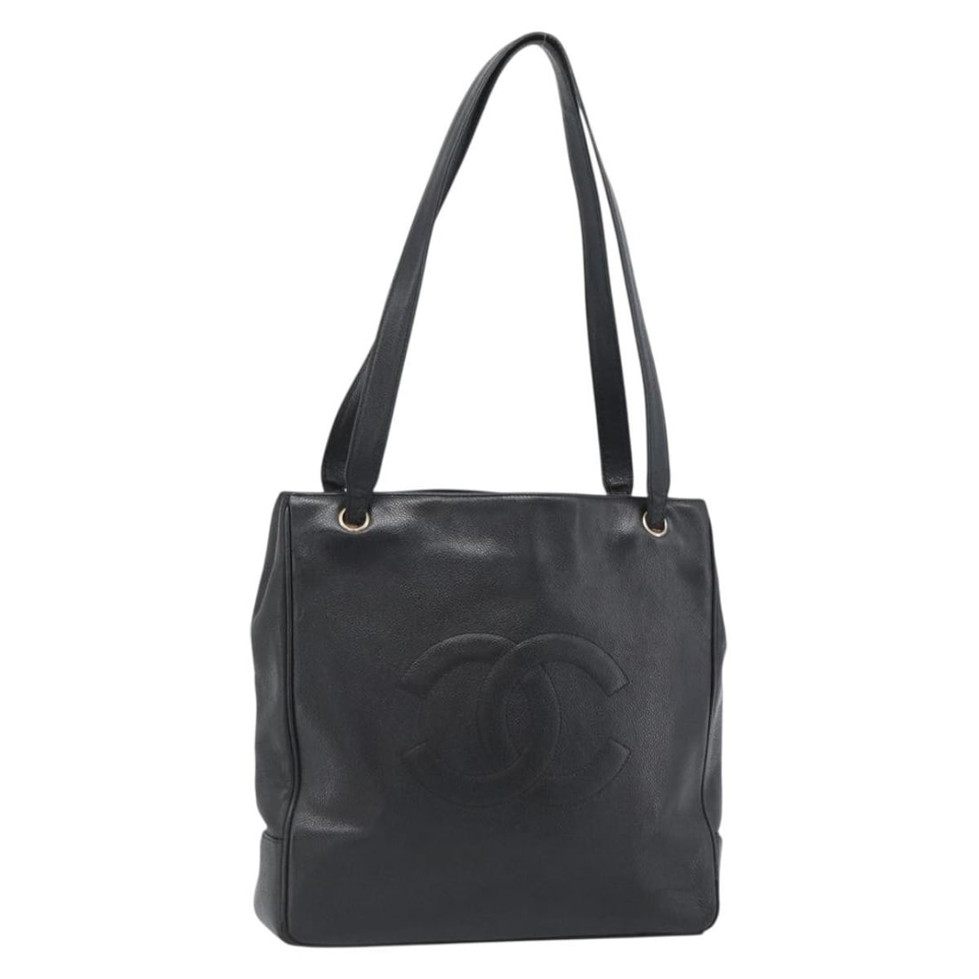 CHANEL Coco Mark Caviar Skin Tote Black with Gold CC: CHANEL Coco Mark Caviar Skin Tote Black with Gold CC Chanel Coco Mark tote bag in black caviar skin with gold-tone accents. Made in Italy, this women's tote is a heavily used piece with visible wear t