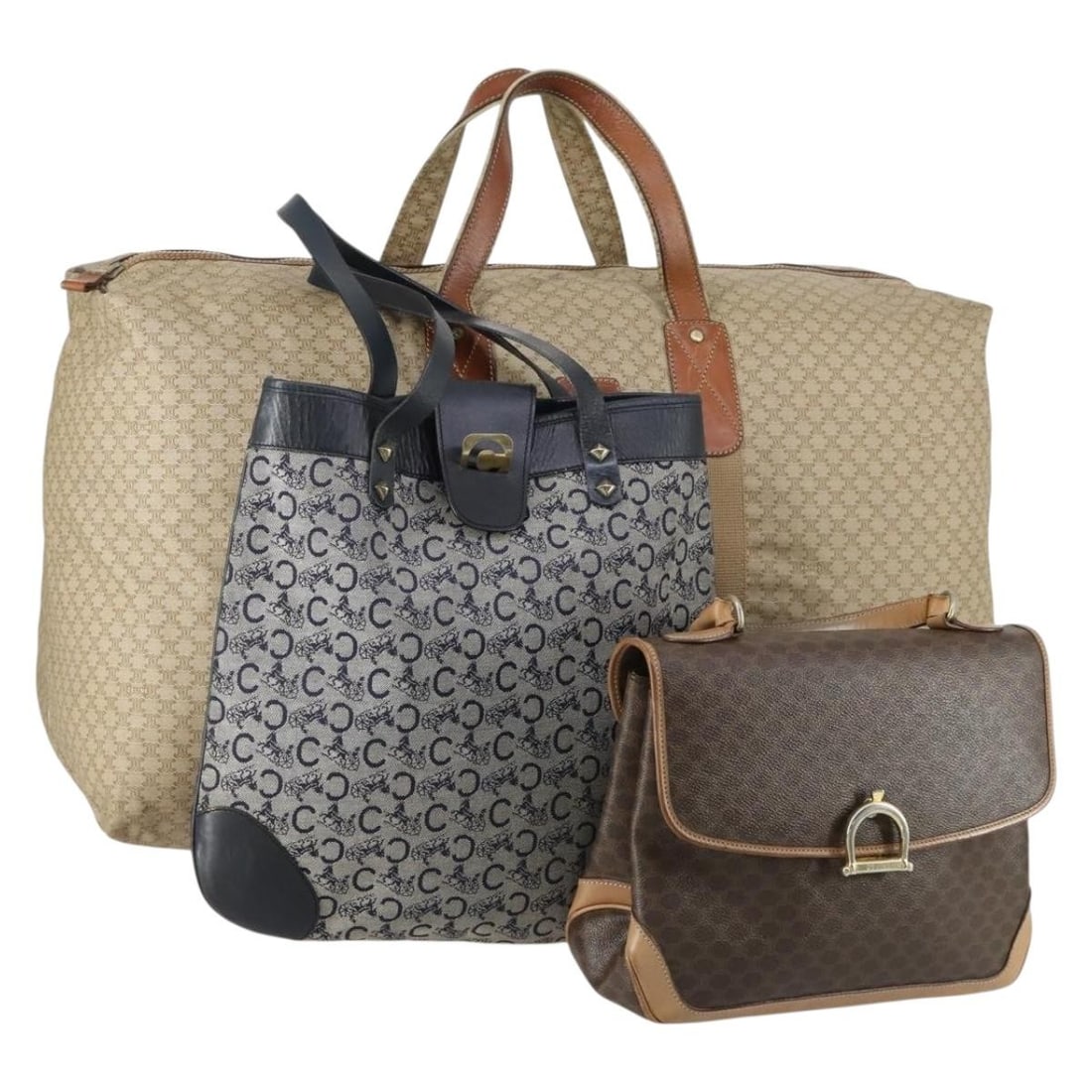 Set of 3 Celine Macadam Brown Navy Canvas Shoulder Bags PVC Italy: Set of 3 Celine Macadam Brown Navy Canvas Shoulder Bags PVC Italy This is an authentic CELINE C Macadam shoulder bag set, featuring three pieces crafted from brown and navy PVC leather and Macadam can