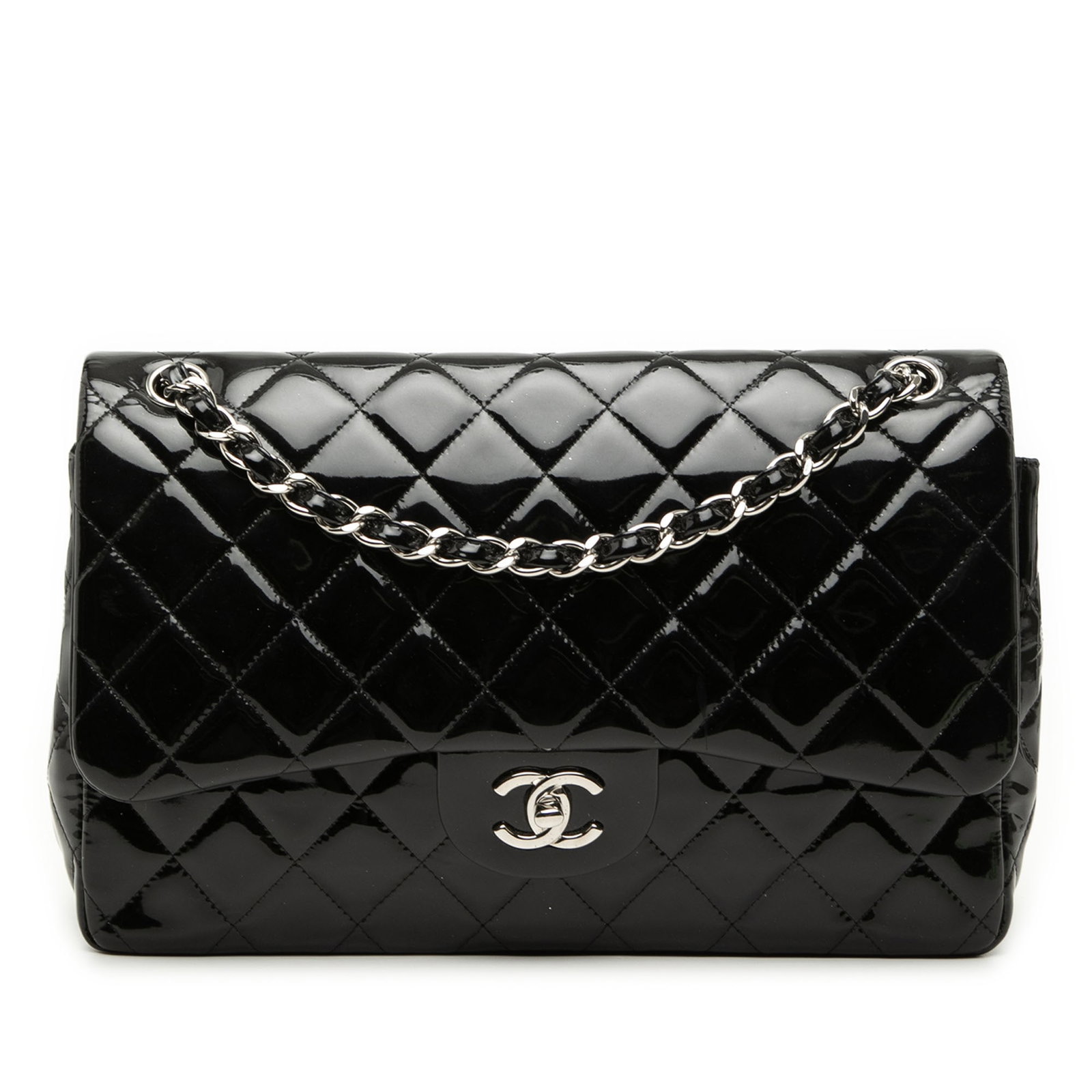 Chanel Jumbo Classic Patent Double Flap Shoulder Bag Black: Chanel Jumbo Classic Patent Double Flap Shoulder Bag Black Chanel Jumbo Classic Patent Double Flap shoulder bag in black quilted patent leather. This bag features leather-woven chain link straps, doub