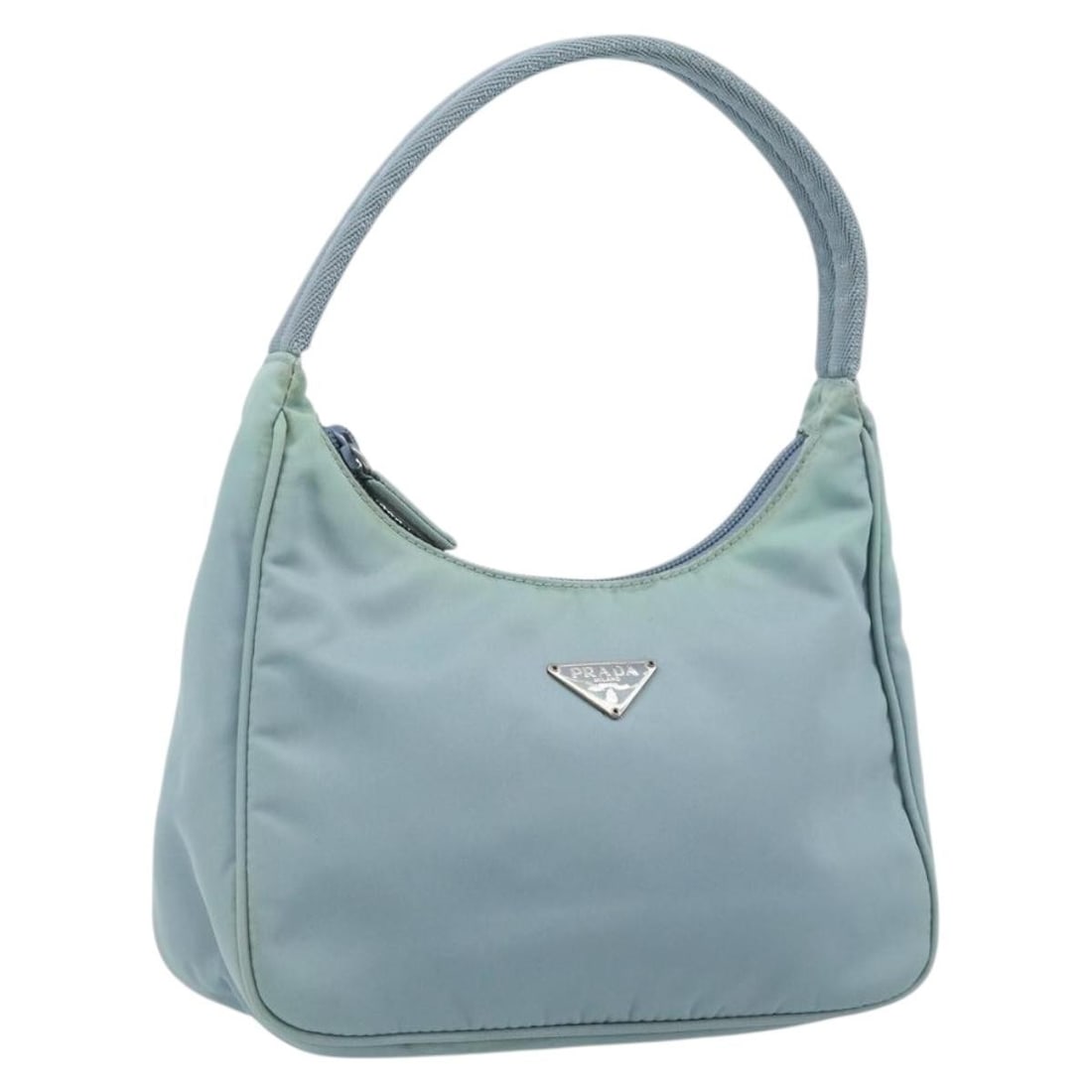 Prada Nylon Light Blue Silver Hand Bag Italy: Prada Nylon Light Blue Silver Hand Bag Italy This PRADA hand pouch is crafted from light blue nylon with silver-tone accents. Designed for women, it features a compact silhouette with approximate dime
