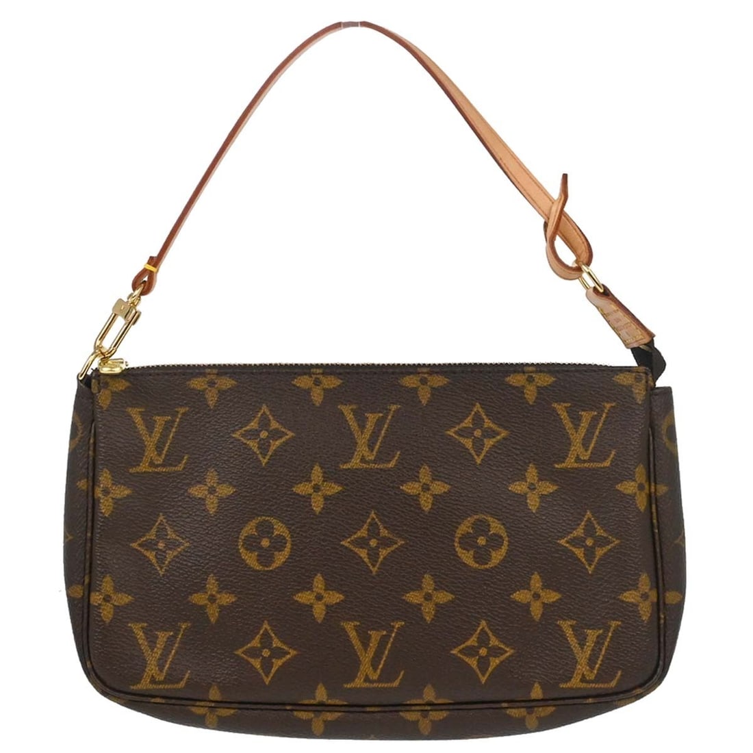 Louis Vuitton Pochette Accessoires Monogram Canvas Pouch M51980: Louis Vuitton Pochette Accessoires Monogram Canvas Pouch M51980 Vintage Louis Vuitton Pochette Accessoires handbag in brown Monogram canvas with leather trim. This small zip-top pouch features a top h