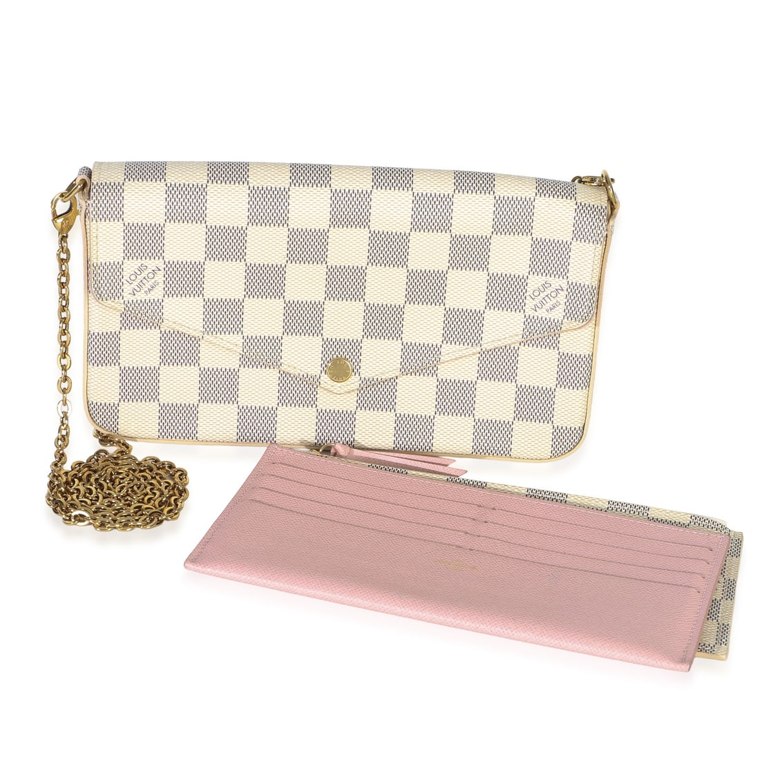 Louis Vuitton Felicie Pochette Damier Azur Canvas Shoulder Bag: Louis Vuitton Felicie Pochette Damier Azur Canvas Shoulder Bag This Louis Vuitton Damier Azur Canvas Felicie Pochette is a stylish and versatile shoulder bag crafted from beige canvas with gold-tone h