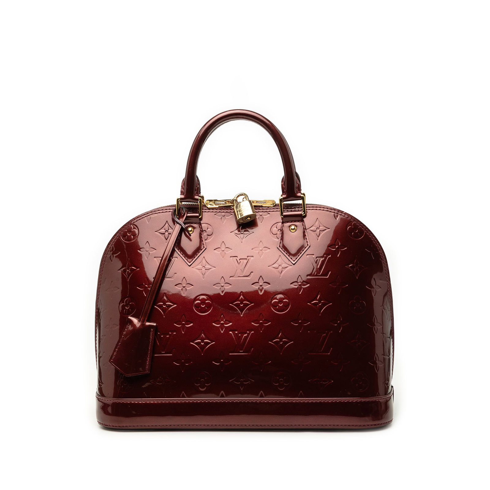 Louis Vuitton Alma PM Monogram Vernis Red Leather Handbag: Louis Vuitton Alma PM Monogram Vernis Red Leather Handbag Louis Vuitton Monogram Vernis Alma PM handbag in red leather with rolled handles, a top zip closure, and interior slip pockets. Made in France