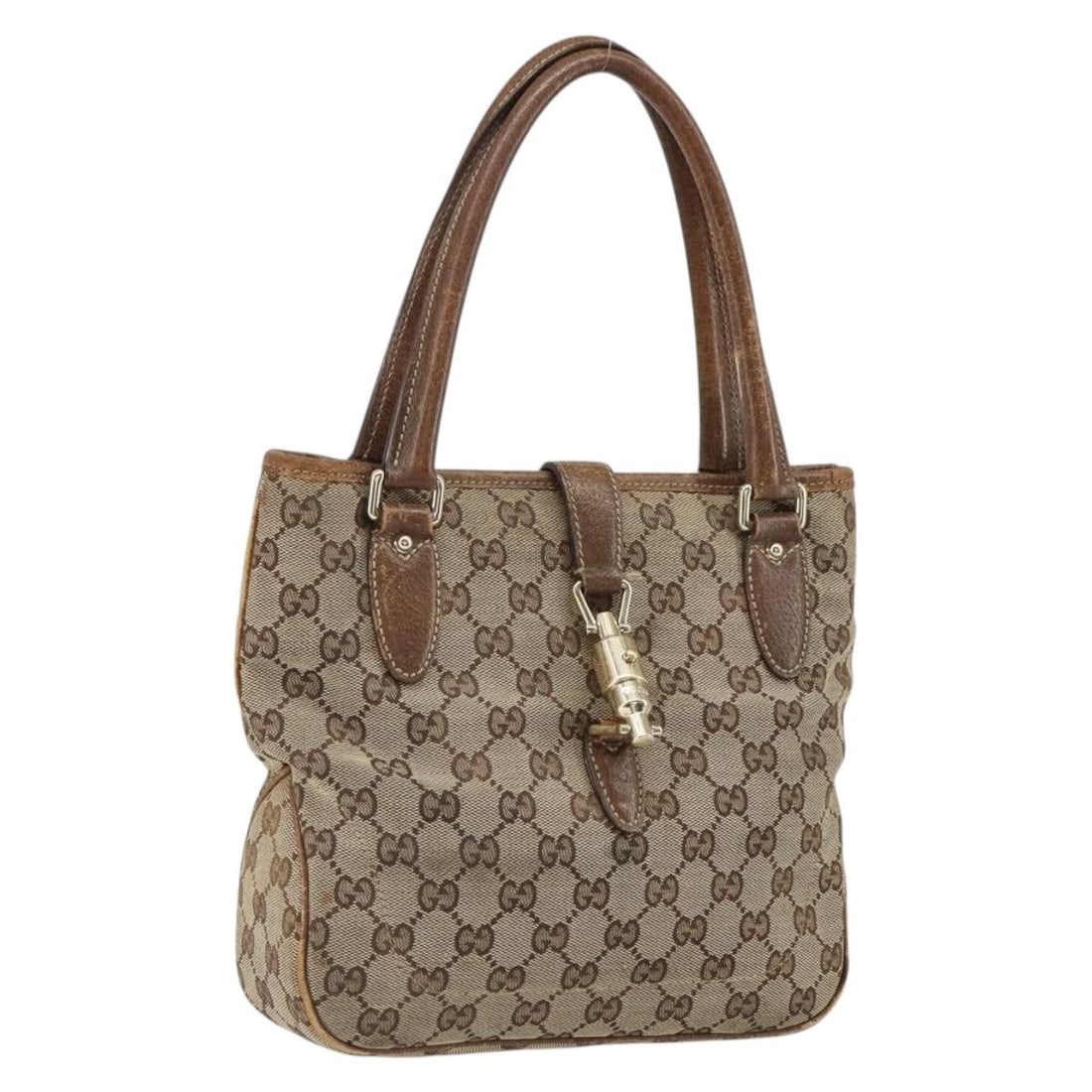 Beige Gold GG Canvas Jackie Handbag by Gucci Model 145817 Italy: Beige Gold GG Canvas Jackie Handbag by Gucci Model 145817 Italy This is a Gucci Jackie hand bag crafted from signature GG canvas in beige and gold tones. The bag features a structured silhouette with 
