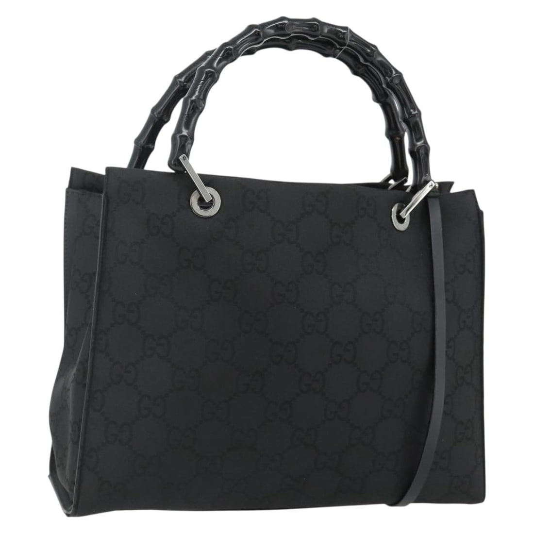 Gucci Bamboo GG Canvas Black Silver 2way Handbag with Strap: Gucci Bamboo GG Canvas Black Silver 2way Handbag with Strap This GUCCI Bamboo GG Canvas Hand Bag features a versatile 2-way design in black and silver canvas. The bag includes a detachable shoulder st