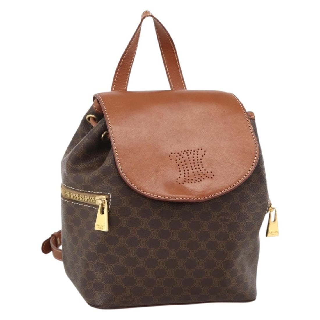CELINE Macadam Brown PVC Leather Backpack Gold Tone: CELINE Macadam Brown PVC Leather Backpack Gold Tone Celine Macadam canvas backpack in brown with gold-tone accents, made in Italy. This women's backpack is crafted from PVC leather and Macadam canvas 