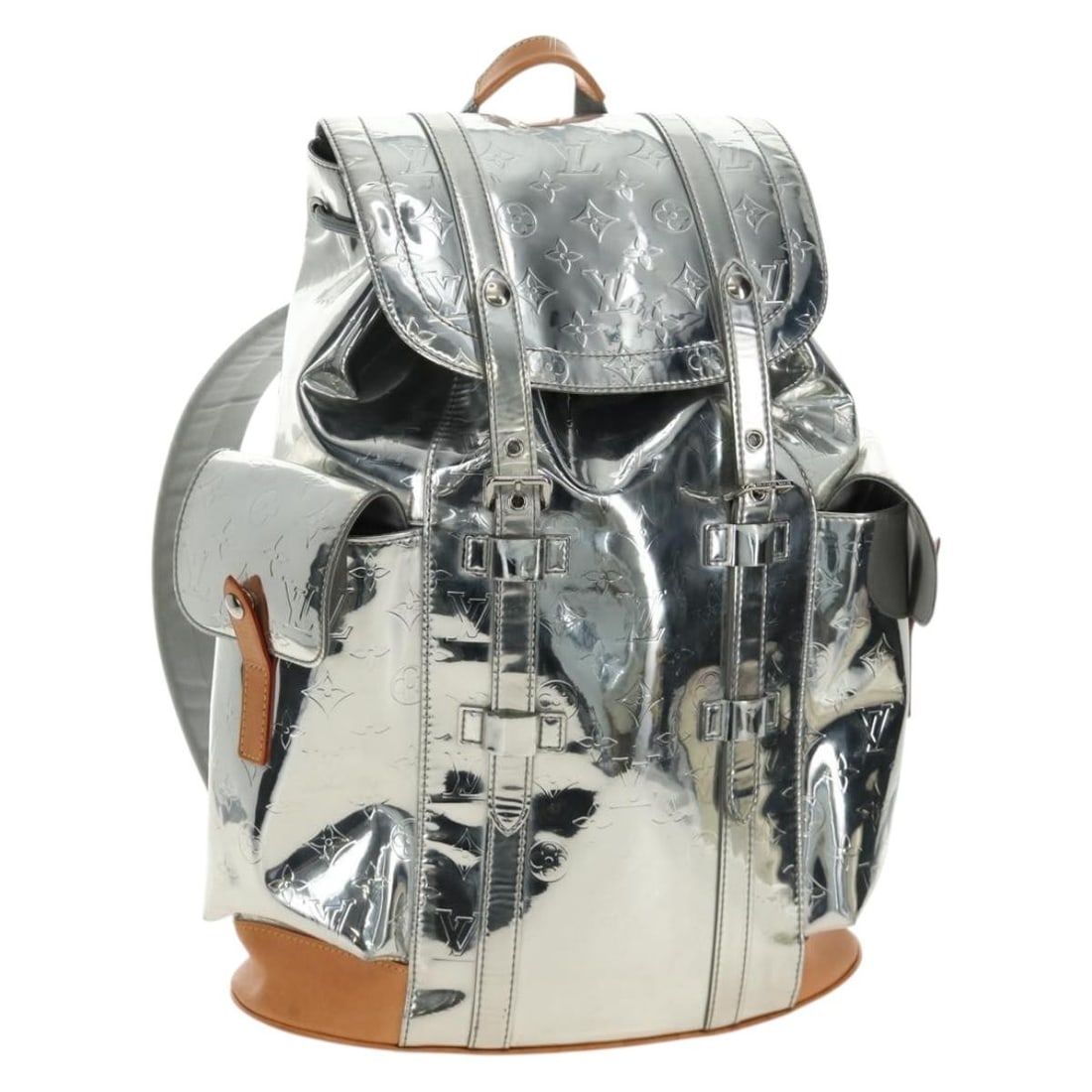 Louis Vuitton Christopher PM Silver Monogram Miroir Canvas Backpack M58756: Louis Vuitton Christopher PM Silver Monogram Miroir Canvas Backpack M58756 Louis Vuitton Christopher PM backpack in silver Monogram Miroir canvas. This made-in-France backpack is a heavily used piece 