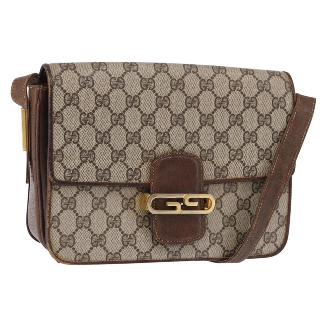 Gucci 193131 GG Supreme PVC Leather Shoulder Bag Beige Gold: Gucci 193131 GG Supreme PVC Leather Shoulder Bag Beige Gold Gucci GG Supreme shoulder bag in beige and gold, made from PVC leather and GG canvas. Crafted in Italy, this women's shoulder bag has a flap