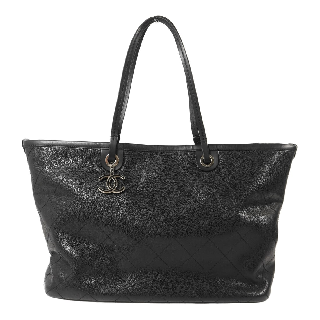 CHANEL On the Road Black Calfskin Tote with CC SHW: CHANEL On the Road Black Calfskin Tote with CC SHW Chanel On the Road tote bag in black calfskin leather with CC SHW detailing. This women's tote features a spacious silhouette with interior storage i
