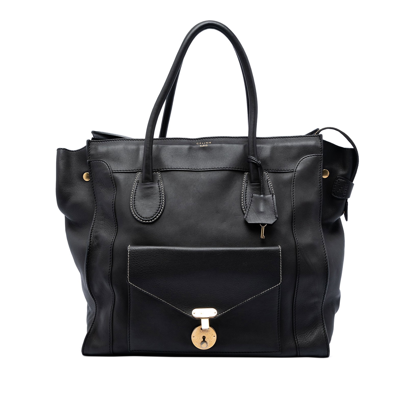 Celine Envelope Luggage Tote Black Leather Handbag with Front Flap Pocket: Celine Envelope Luggage Tote Black Leather Handbag with Front Flap Pocket This Celine Leather Envelope Luggage Tote is crafted from leather and features rolled leather handles, a top zip closure, an e
