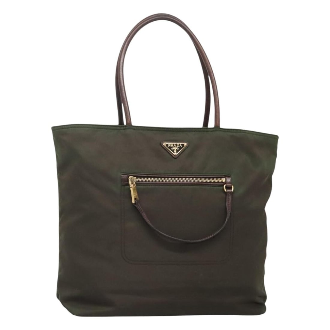Khaki and Gold Nylon PRADA Tote with Guarantee Card: Khaki and Gold Nylon PRADA Tote with Guarantee Card This PRADA tote bag is crafted from nylon in a khaki and gold color combination. Designed for women, the bag features a spacious main compartment an