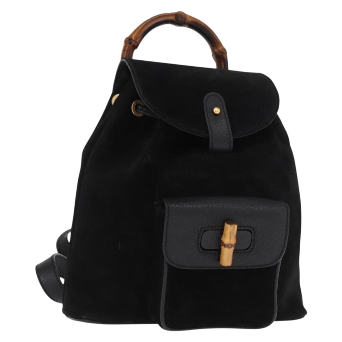 GUCCI Bamboo Suede Backpack Black Gold 003 1956 Auth Italy: GUCCI Bamboo Suede Backpack Black Gold 003 1956 Auth Italy This authentic Gucci Bamboo Backpack combines elegance and functionality with its rich suede exterior in a striking black and gold color sche