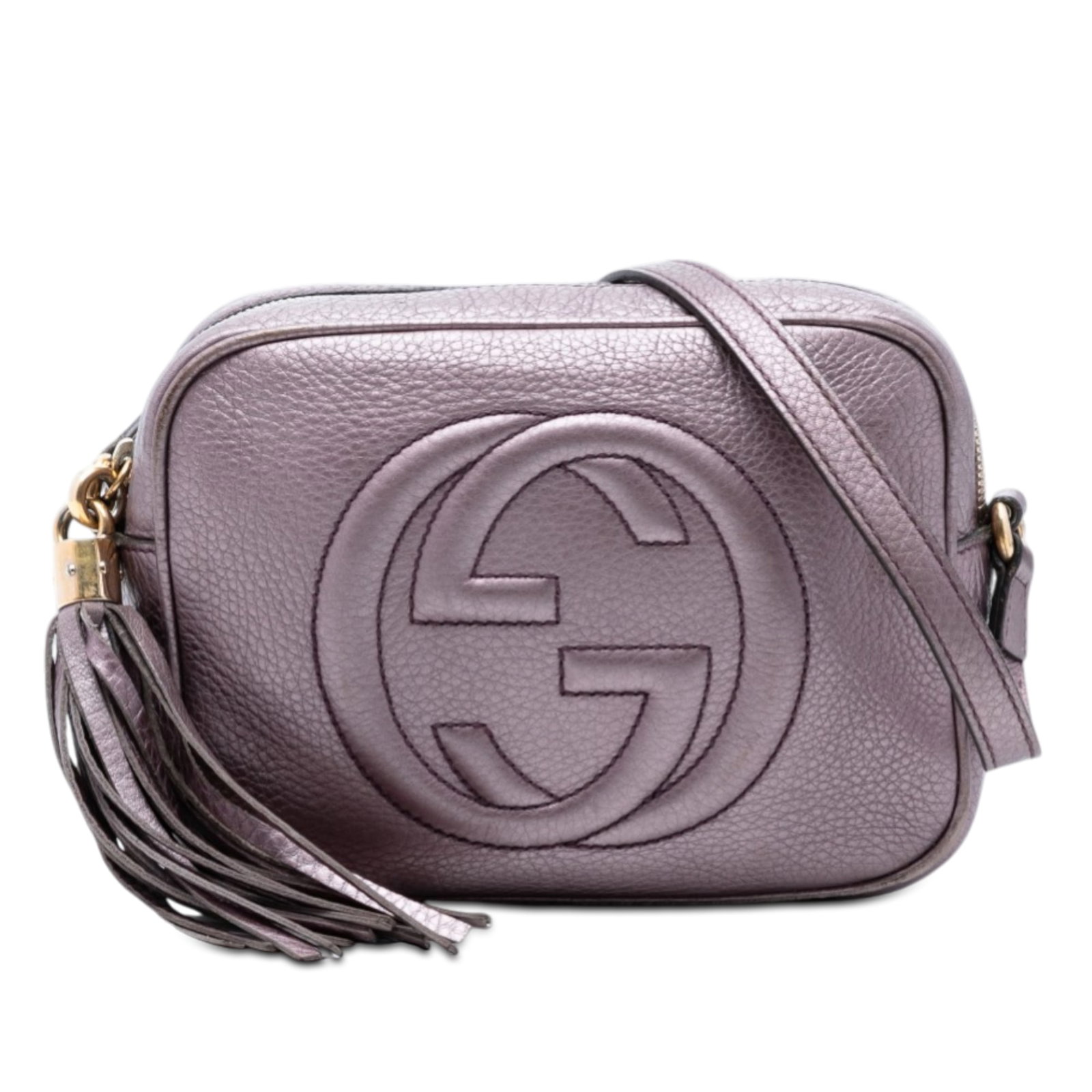 Gucci Soho Disco Purple Metallic Leather Crossbody Bag with Tassel: Gucci Soho Disco Purple Metallic Leather Crossbody Bag with Tassel This Gucci Soho Disco crossbody bag features a metallic purple leather body, an adjustable flat leather strap, a tassel detail, a top