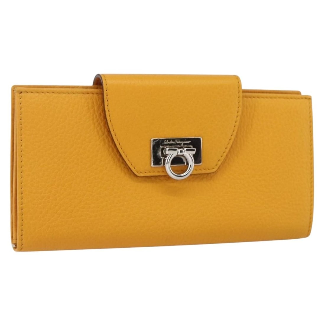 Yellow Leather Gancini Long Wallet by Salvatore Ferragamo with Silver Accents: Yellow Leather Gancini Long Wallet by Salvatore Ferragamo with Silver Accents This Salvatore Ferragamo Gancini long wallet is crafted from yellow leather with silver-tone accents. The wallet features 