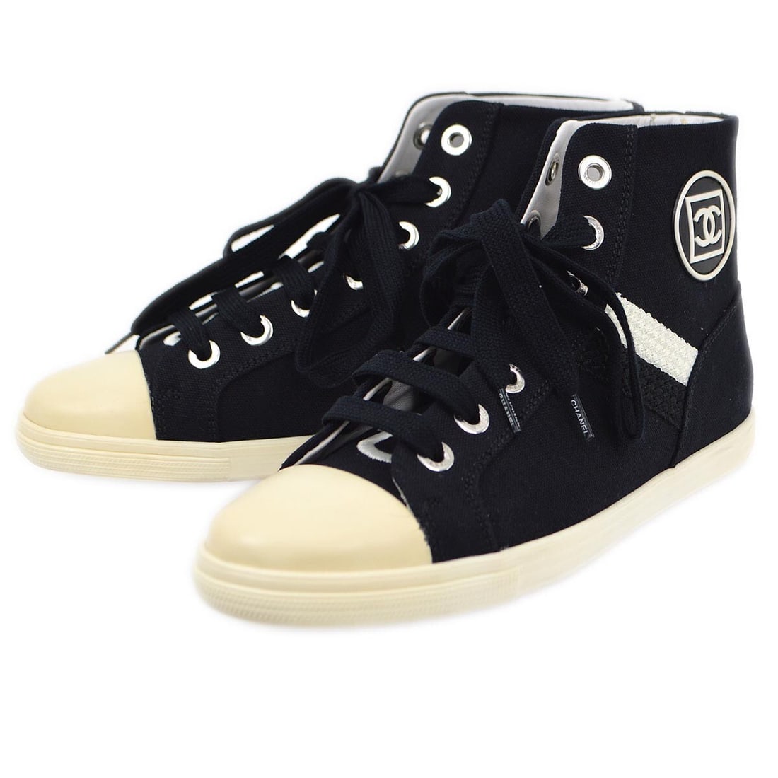 CHANEL Sport Line Womens Sneakers Black EU 37 Italy: CHANEL Sport Line Womens Sneakers Black EU 37 Italy Chanel Sport Line high-cut sneakers in black with white accents. These women's shoes feature a closed-toe design and casual styling. Condition notes