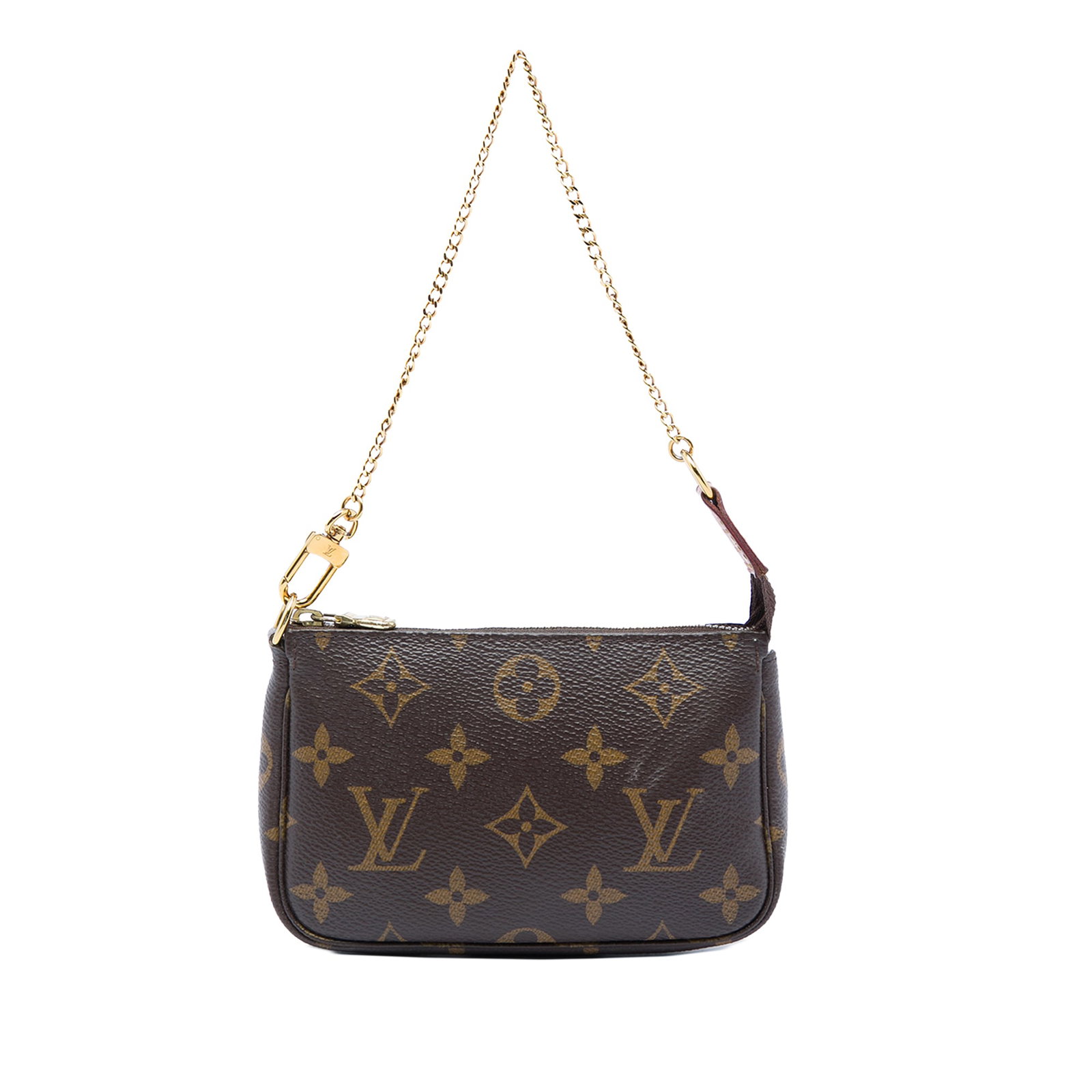 Louis Vuitton Monogram Mini Pochette Bag with Chain Strap: Louis Vuitton Monogram Mini Pochette Bag with Chain Strap Louis Vuitton Monogram Mini Pochette Accessoires in brown monogram canvas with a gold-tone chain strap and top zip closure. Made in France. Co