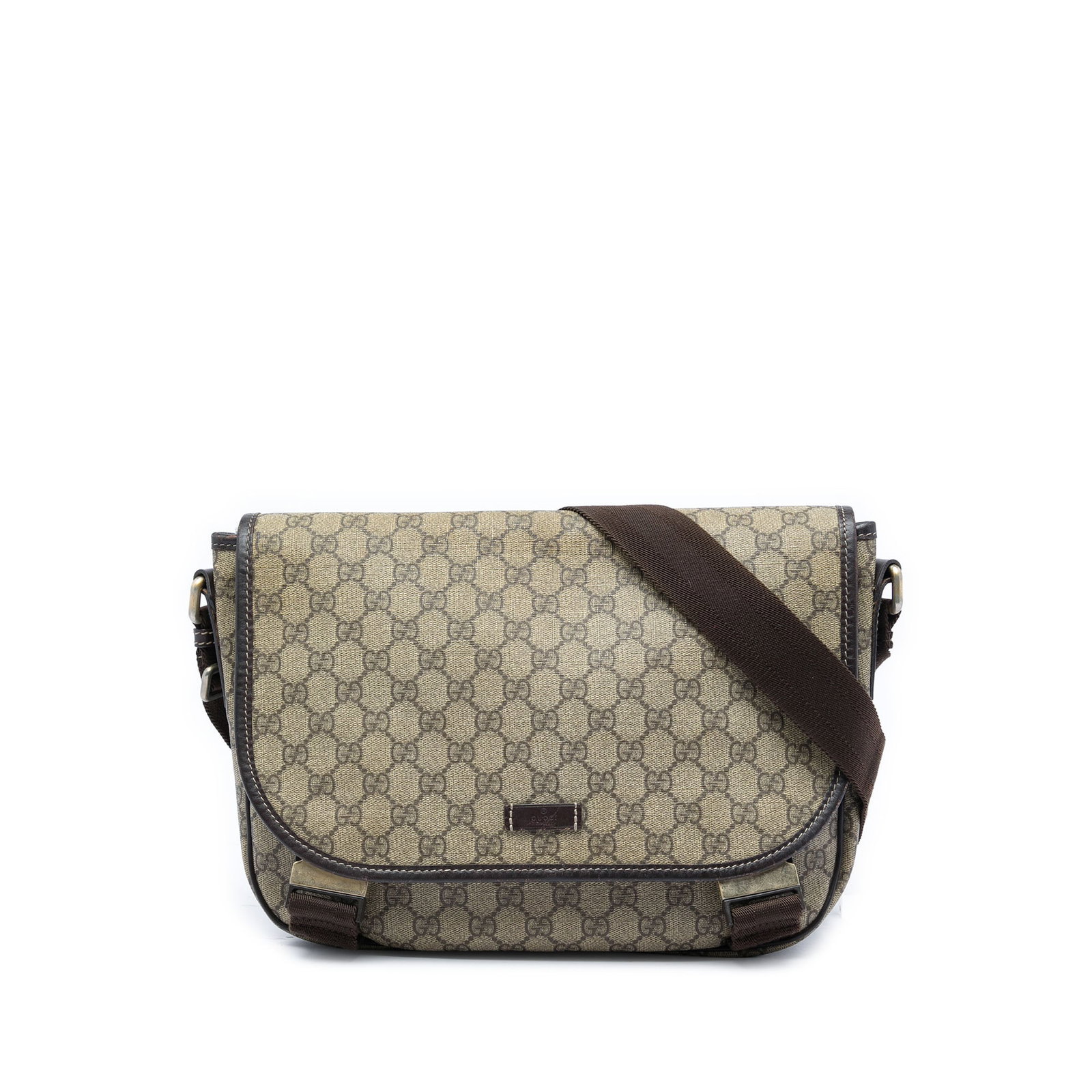 Gucci GG Supreme Messenger Bag Beige Coated Canvas Leather Trim: Gucci GG Supreme Messenger Bag Beige Coated Canvas Leather Trim Gucci GG Supreme Crossbody messenger bag with a coated canvas body and leather trim. It features a flat adjustable strap, a top flap wit