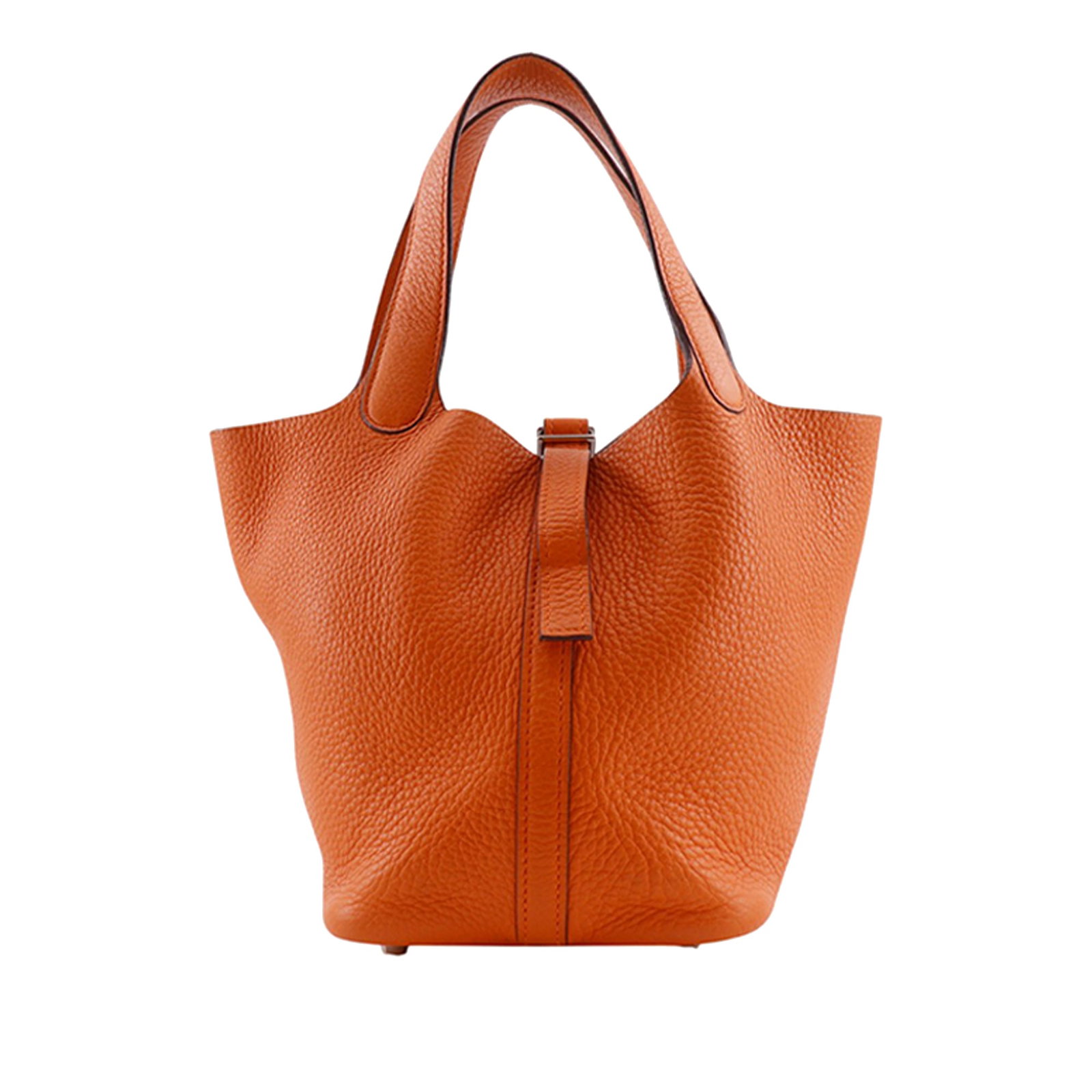 Hermes Picotin 18 Orange Clemence Leather Handbag: Hermes Picotin 18 Orange Clemence Leather Handbag Hermes Picotin 18 in orange Clemence leather with flat leather handles and an open top with a pull-through strap closure. Made in France. Condition B+