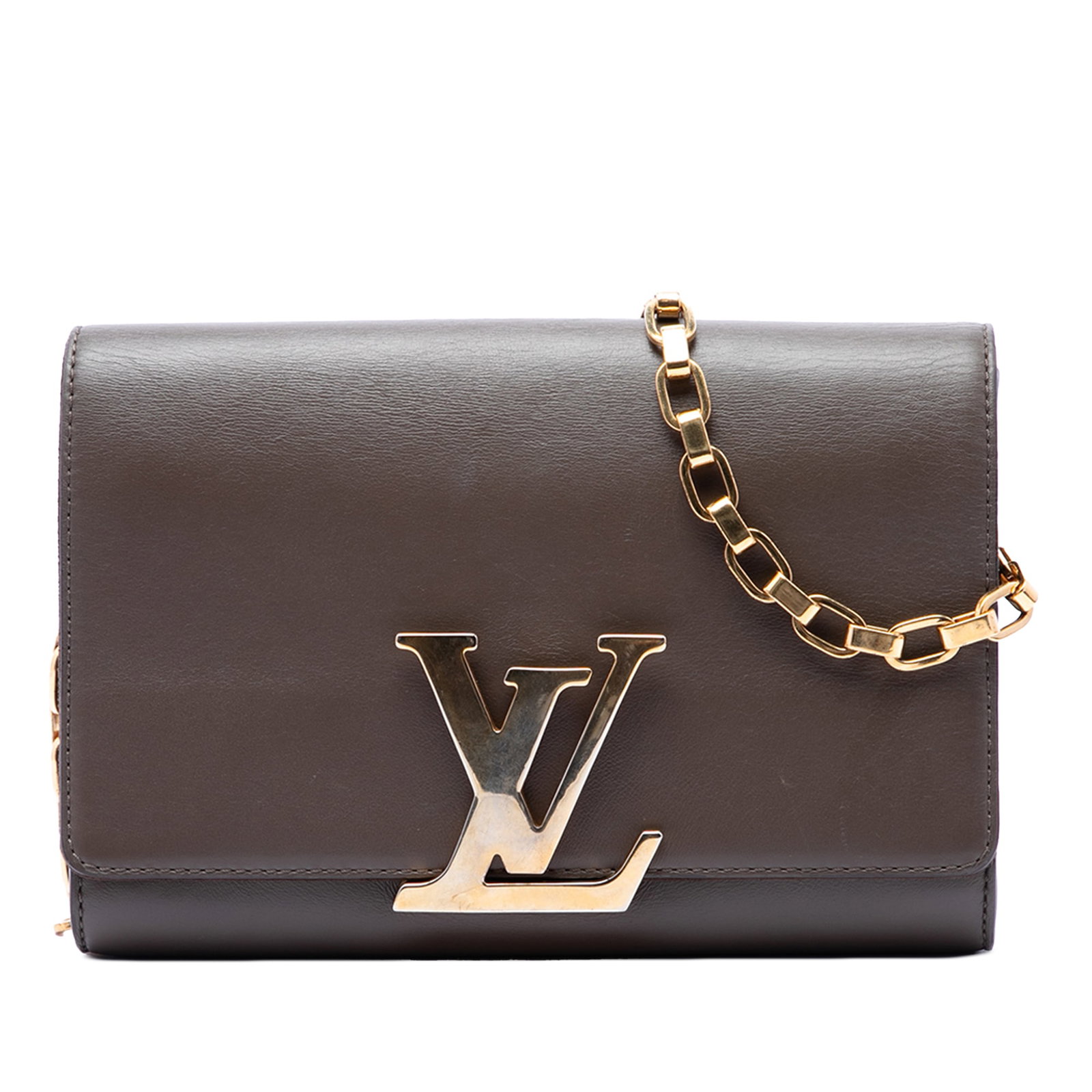 Louis Vuitton Louise Chain MM Gray Leather Shoulder Bag: Louis Vuitton Louise Chain MM Gray Leather Shoulder Bag Louis Vuitton Louise Chain MM shoulder bag crafted in gray leather with a chain link strap and front flap push-lock closure. The interior includ