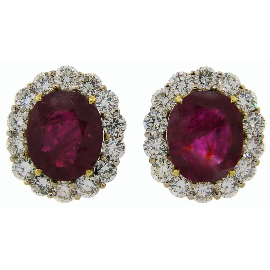 Burmese No Heat Ruby Diamond Earrings in 18k and 14k Gold: Burmese No Heat Ruby Diamond Earrings in 18k and 14k Gold Elegant modern earrings featuring two oval Burmese rubies and round brilliant cut diamonds in a mixed-cut design. The rubies are stated to be 