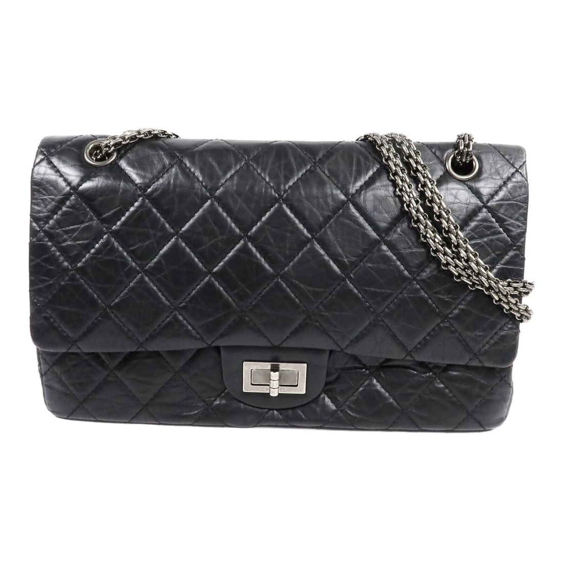 CHANEL 2.55 A37587 Large Black Calfskin Shoulder Bag: CHANEL 2.55 A37587 Large Black Calfskin Shoulder Bag Large Chanel 2.55 chain shoulder bag in black calfskin leather with CC turn-lock closure and chain strap. This women's shoulder bag features an ext