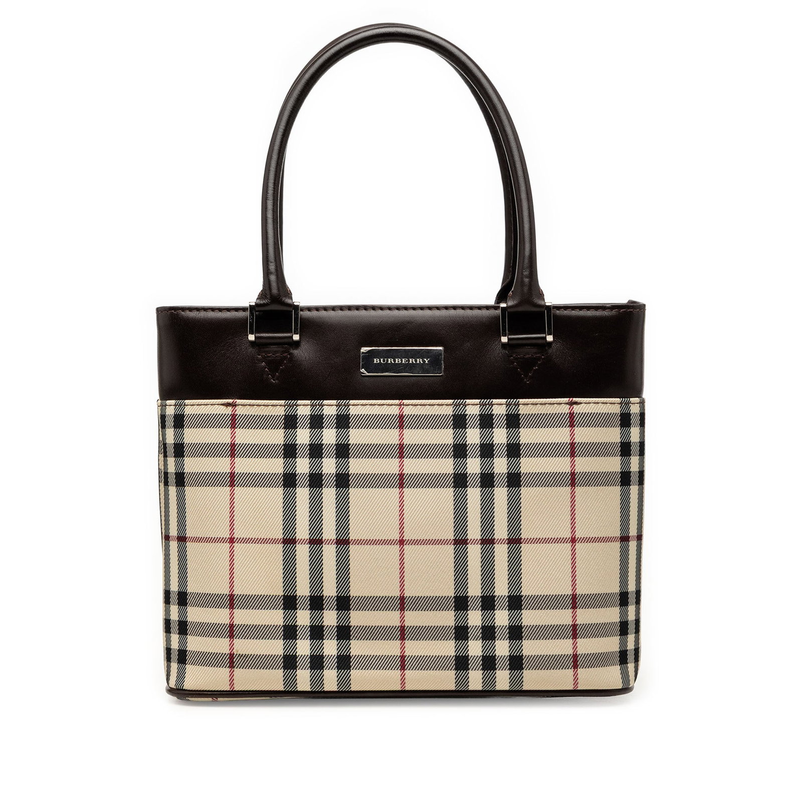 Burberry House Check Beige Canvas Satchel with Leather Trim: Burberry House Check Beige Canvas Satchel with Leather Trim Burberry House Check Canvas Handbag in beige, made with a canvas body and leather trim. It features rolled leather handles, a top zip closur