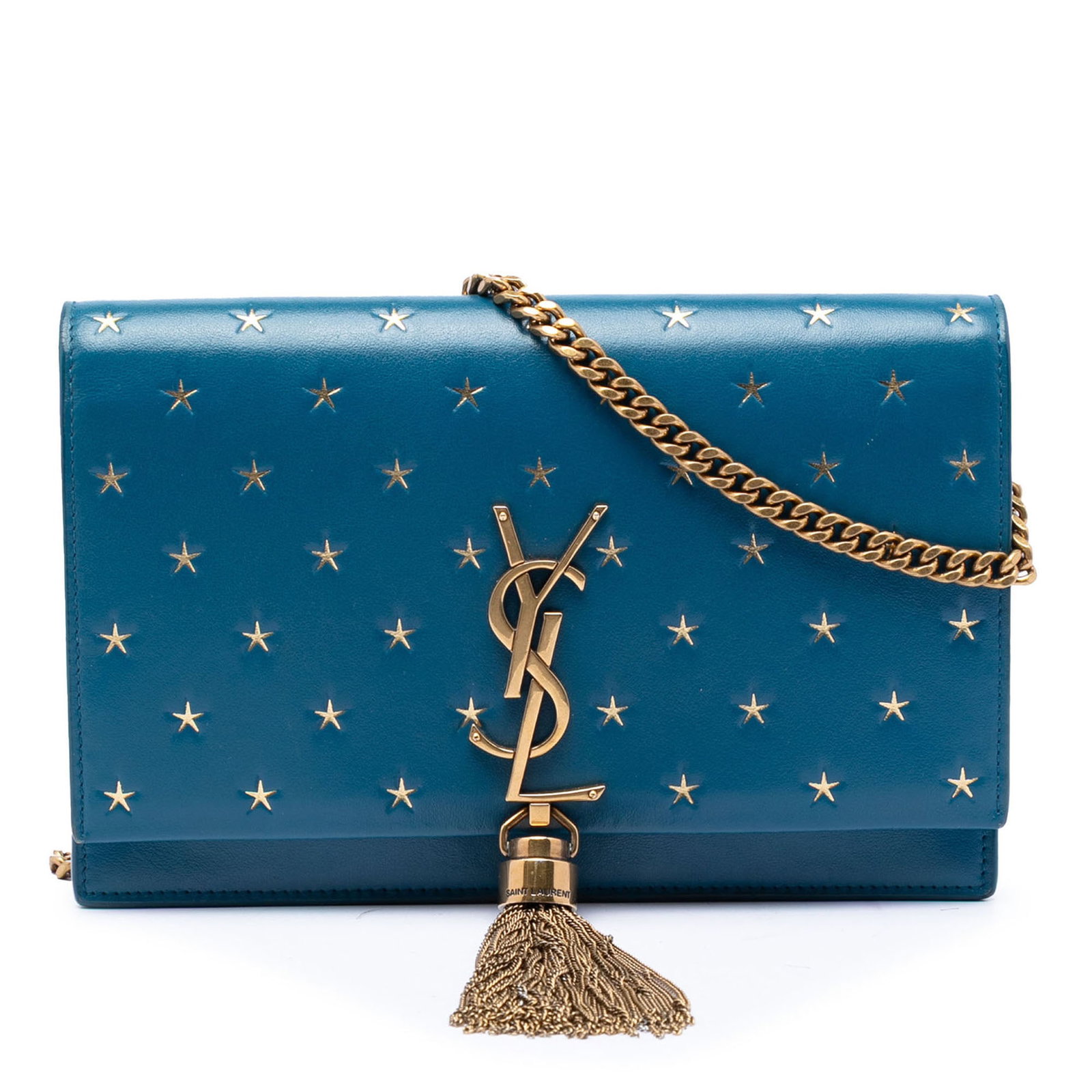 Saint Laurent Kate WOC Blue Star Print Tassel Chain Bag: Saint Laurent Kate WOC Blue Star Print Tassel Chain Bag This Saint Laurent Kate Wallet on Chain features a blue calfskin leather body with a star print and a decorative tassel. It is designed with a g