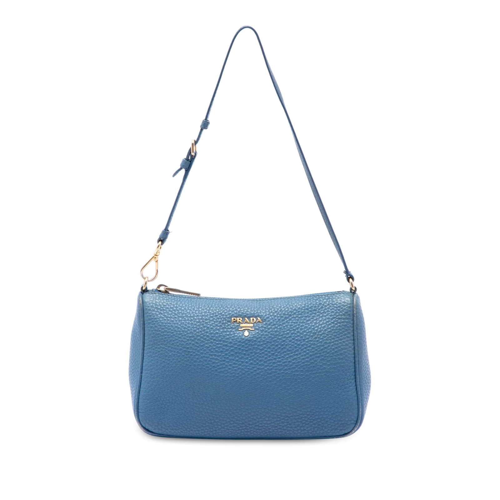 Prada Vitello Daino leather pochette shoulder bag blue: Prada Vitello Daino leather pochette shoulder bag blue Prada Vitello Daino Pochette shoulder bag in blue leather with an adjustable flat leather shoulder strap, top zip closure, and an interior zip po
