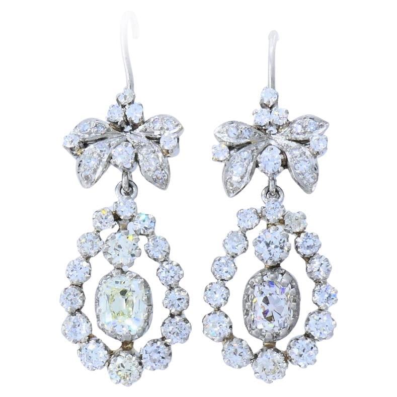 Pair of Platinum Diamond Drop Earrings Art Deco Cushion and Old European Cut (1 of 7)