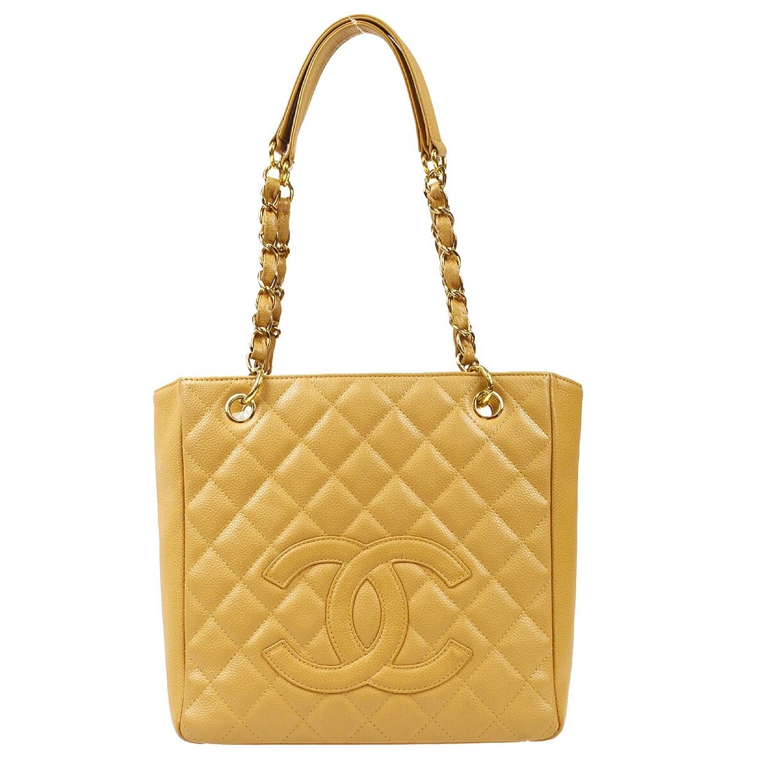 CHANEL Petite Shopping Tote Beige Caviar Leather Chain Shoulder Bag: CHANEL Petite Shopping Tote Beige Caviar Leather Chain Shoulder Bag Chanel Petite Shopping Tote PST chain handbag in beige caviar skin leather with matelasse quilting and a magnetic closure. This wome