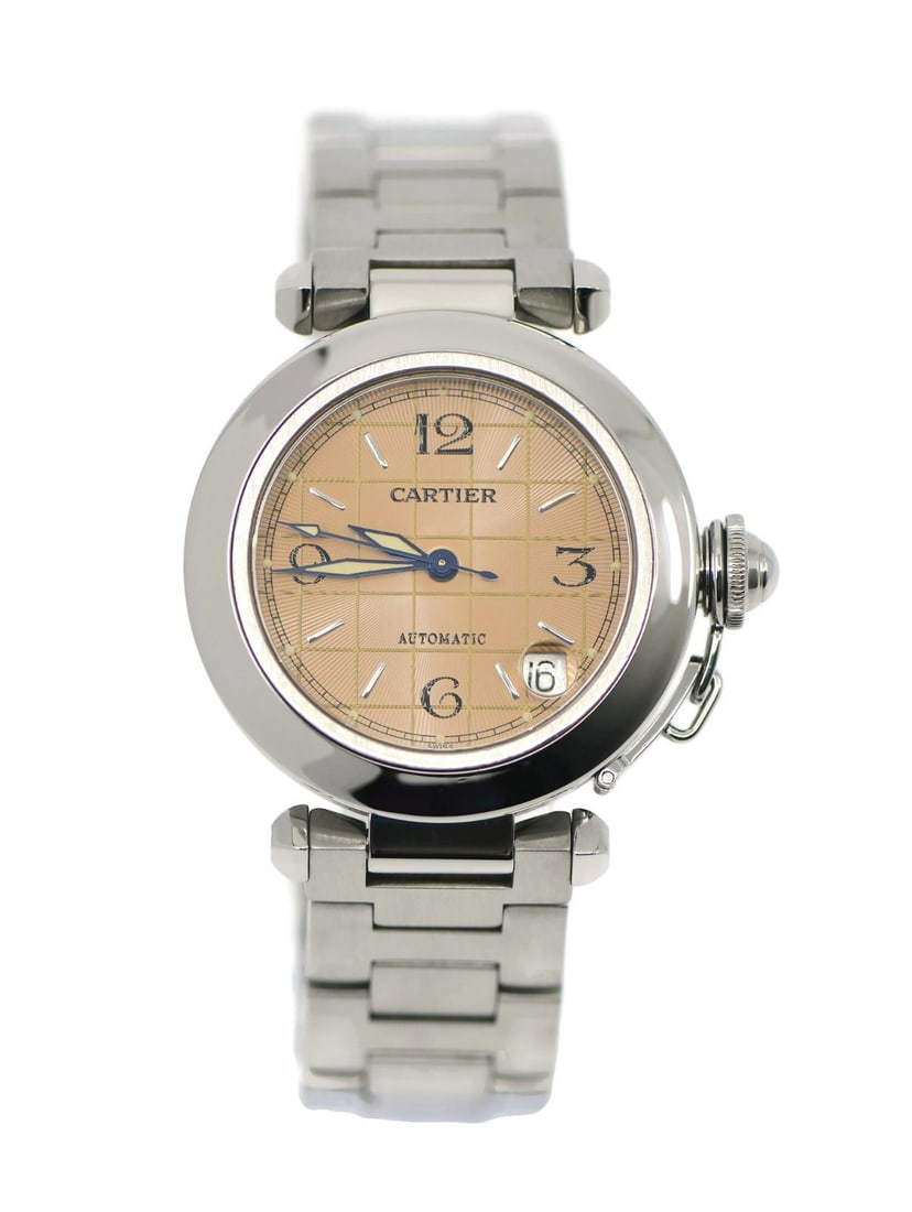 Cartier Pasha C Automatic Stainless Steel Watch W31024M7 with Box: Cartier Pasha C Automatic Stainless Steel Watch W31024M7 with Box This exquisite Cartier Pasha C wristwatch combines elegance with functionality, featuring a stainless steel case and band. The watch b