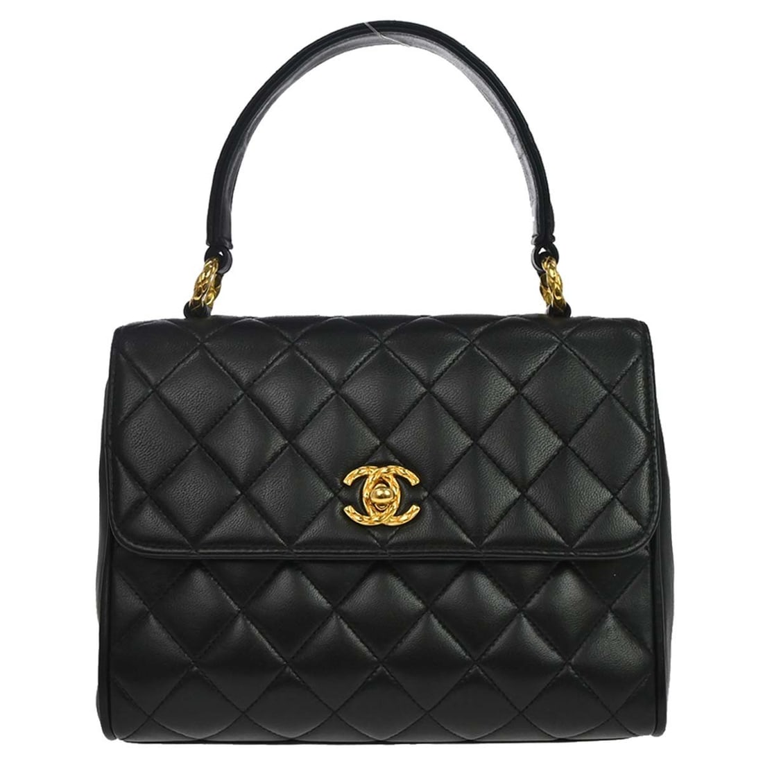 CHANEL Straight Flap Top Handle Bag Black Lambskin Matelasse: CHANEL Straight Flap Top Handle Bag Black Lambskin Matelasse Chanel Black Lambskin Straight Flap Handbag in small size, featuring a top handle style, turnlock closure, and matelasse quilted design. It