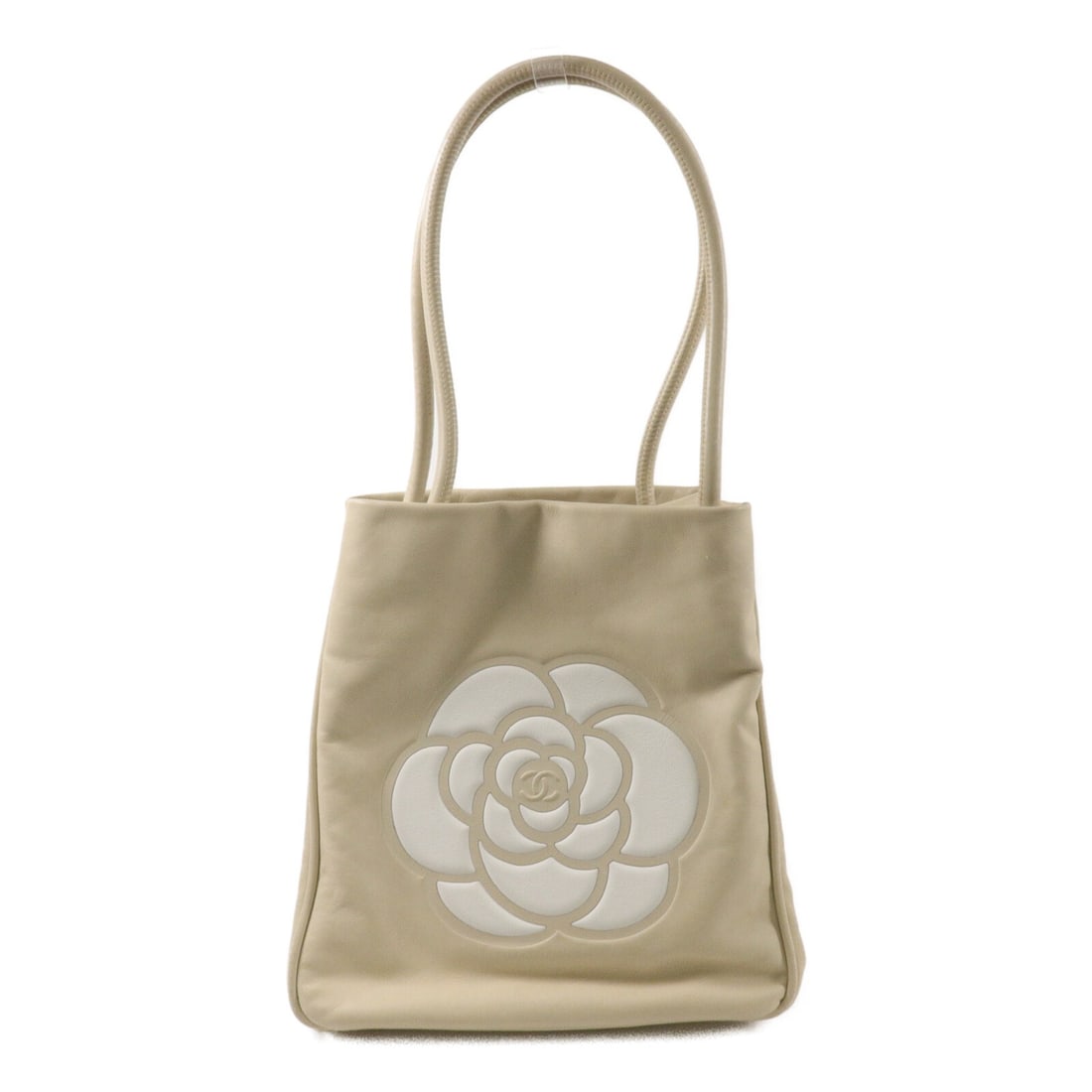 CHANEL Camellia Calfskin Shoulder Tote Bag Beige CC GHW: CHANEL Camellia Calfskin Shoulder Tote Bag Beige CC GHW CHANEL shoulder tote bag in beige calfskin (cowhide) with a Camellia design and CC GHW details. It is a women's regular-size bag made in France,