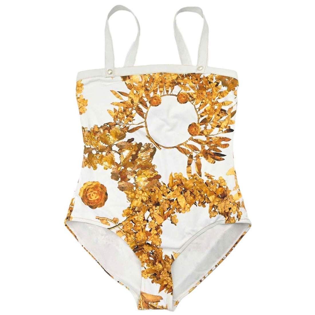 CHANEL One Piece Swimsuit Size 36 White Gold Italy: CHANEL One Piece Swimsuit Size 36 White Gold Italy Chanel women's swimwear swimsuit in a one-piece design with a tank-style swim top and shorts-style swim bottom. It is size 36, regular size type, and